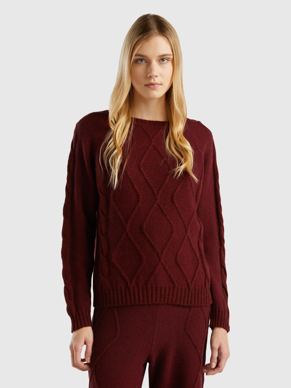 Benetton, Sweater With Cables And Diamonds, Burgundy, Women