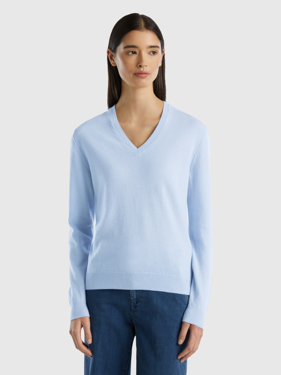 Benetton, Sky Blue V-neck Sweater In Pure Merino Wool, Sky Blue, Women