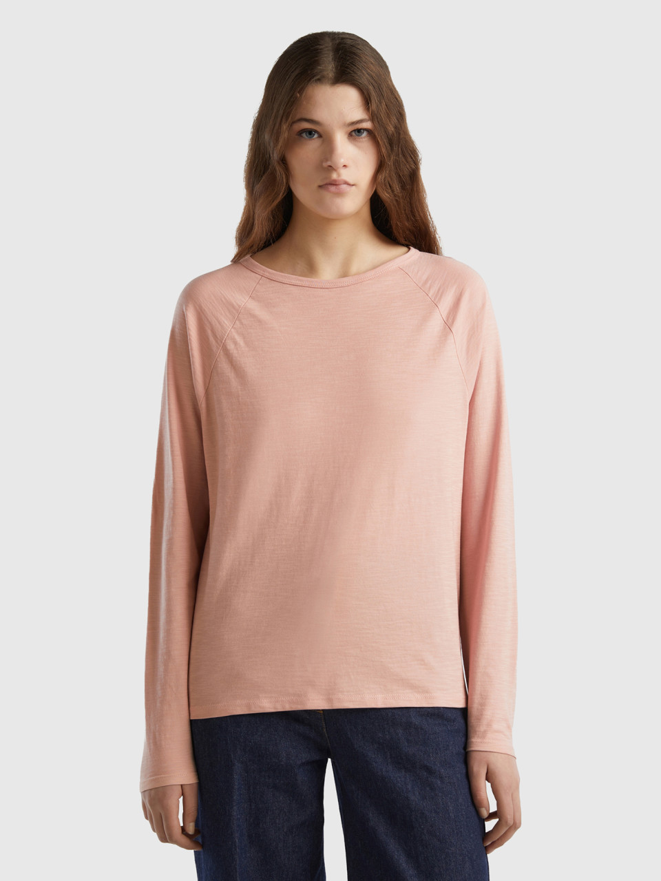 Benetton, Long Sleeve T-shirt In Light Cotton, Soft Pink, Women