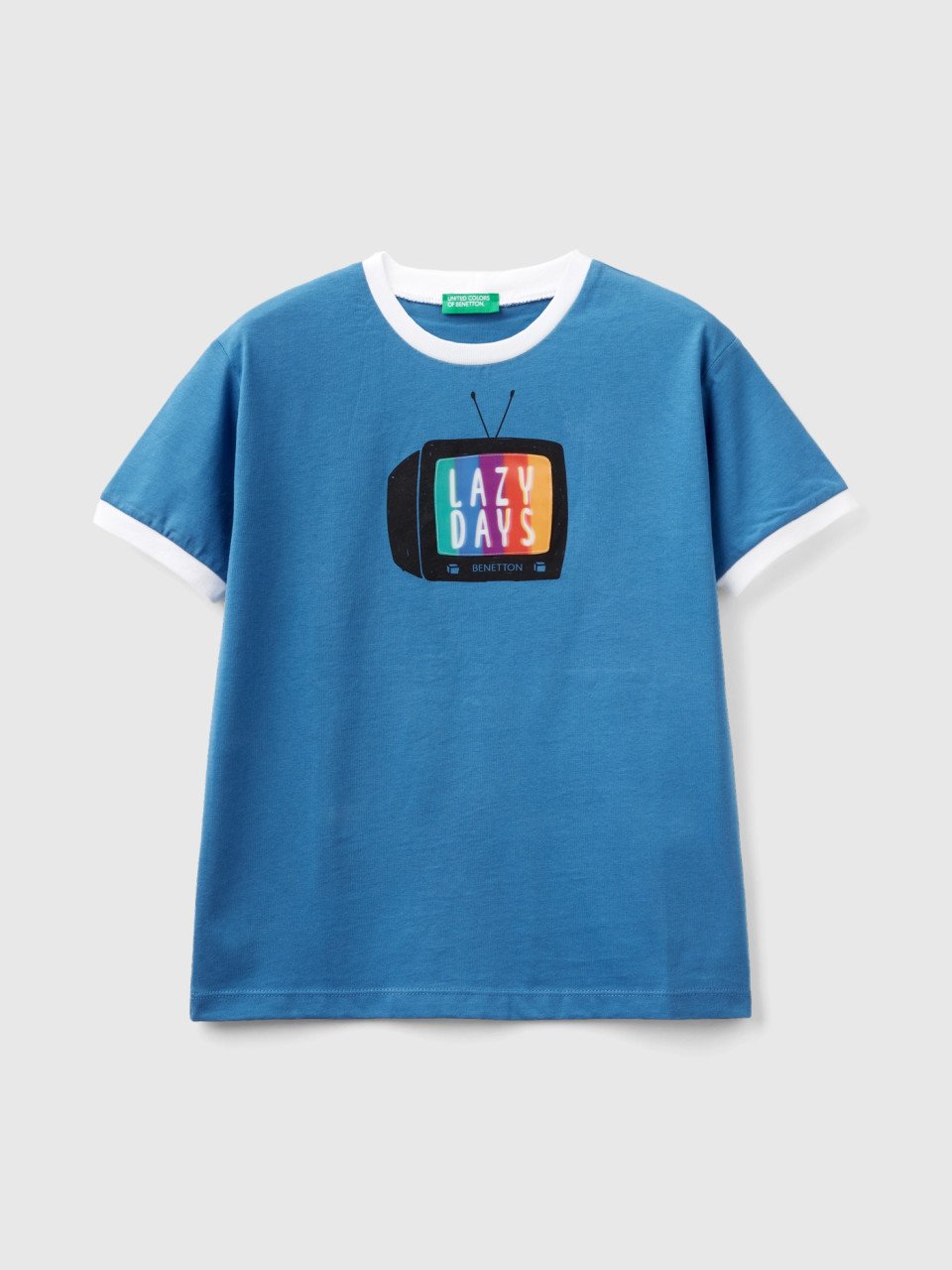 Benetton, Shirt Mit Fernseher-aufdruck, Blau, male
