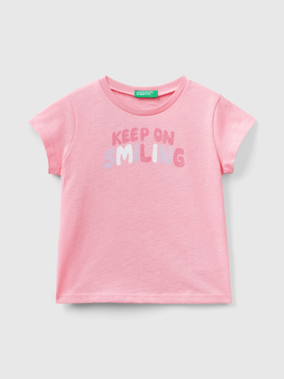 Benetton, Camiseta De Algodón Orgánico Con Glitter, Rosa, Niños