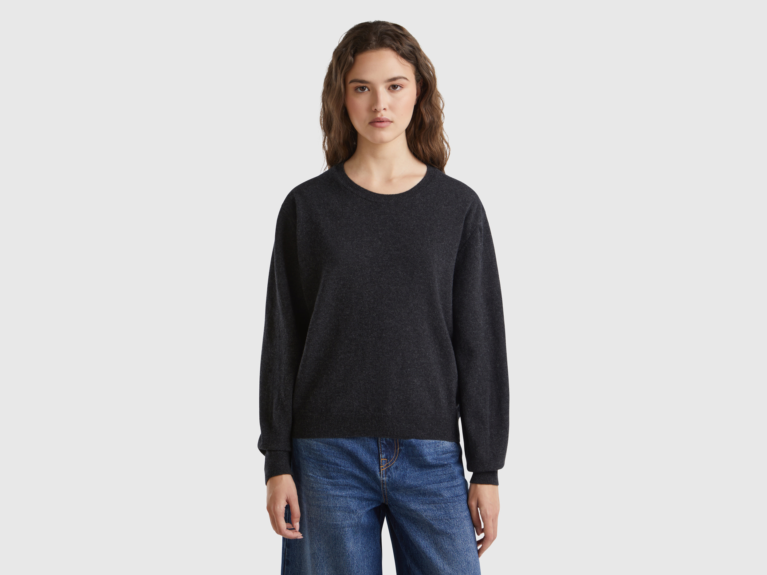 Benetton, Maglia Relaxed Fit In Pura Lana Merino, Grigio Scuro, Donna