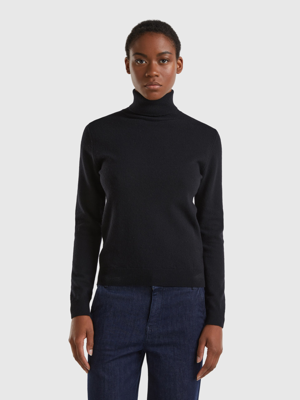 Benetton, Black Turtleneck Sweater In Pure Merino Wool, Black, Women