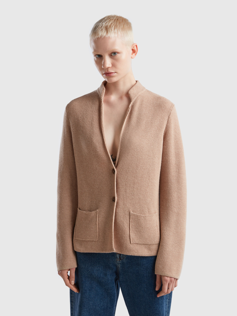 Benetton, Knit Jacket In Wool And Cashmere Blend, Beige, Women