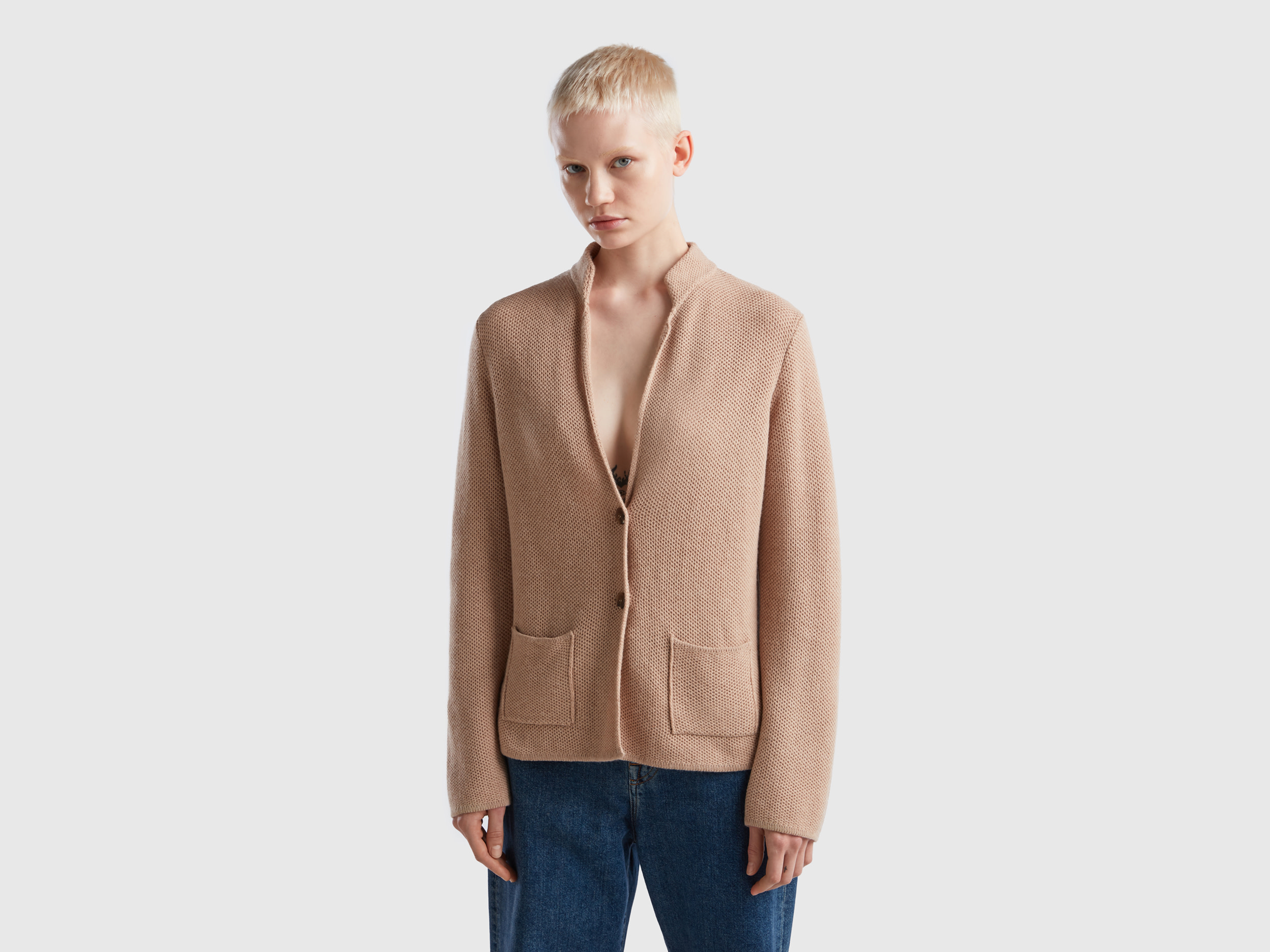 Benetton, Knit Jacket In Wool And Cashmere Blend, size XL, Beige, Women