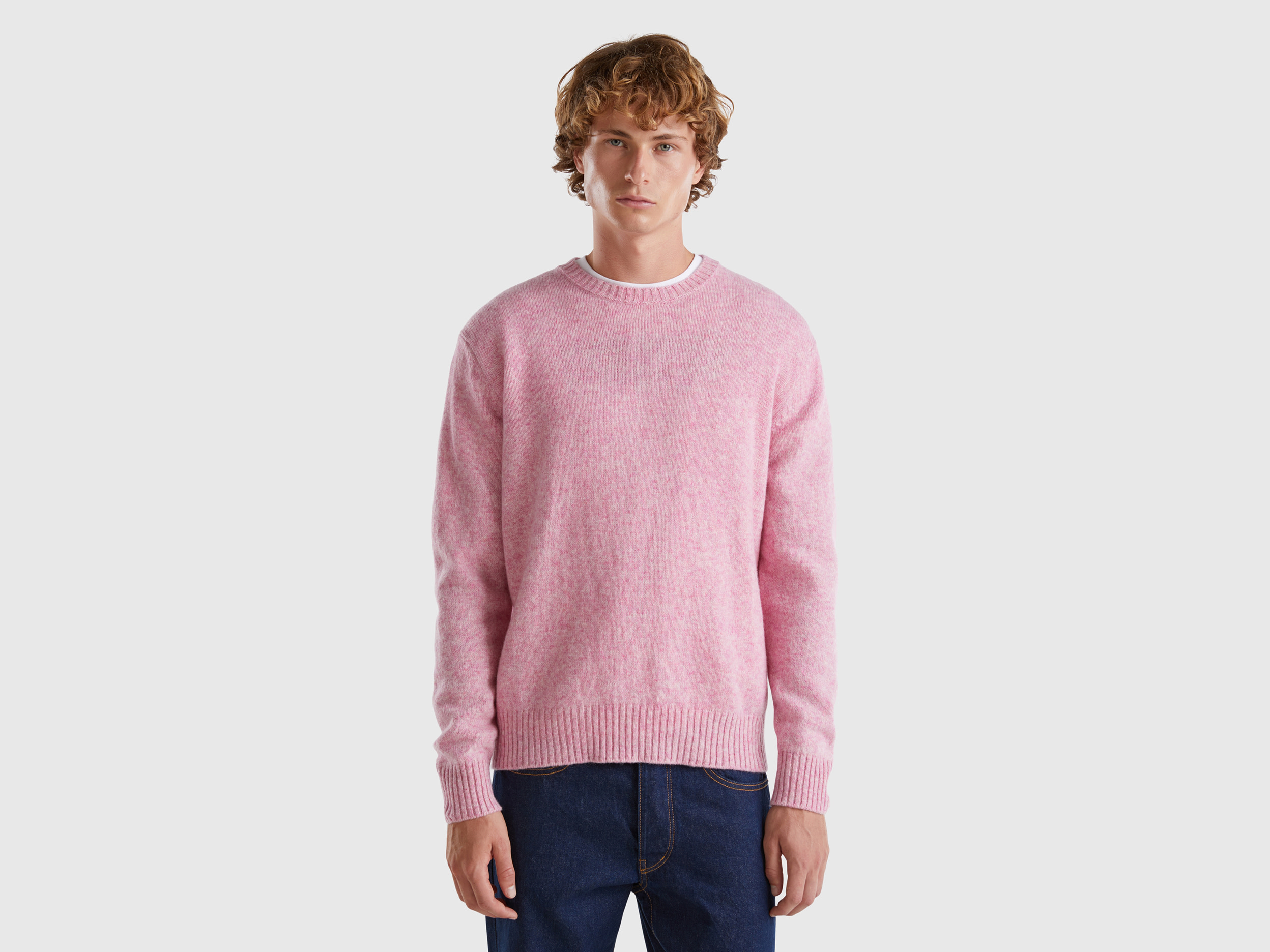 Benetton, Maglia In Lana Shetland, Rosa Tenue, Uomo