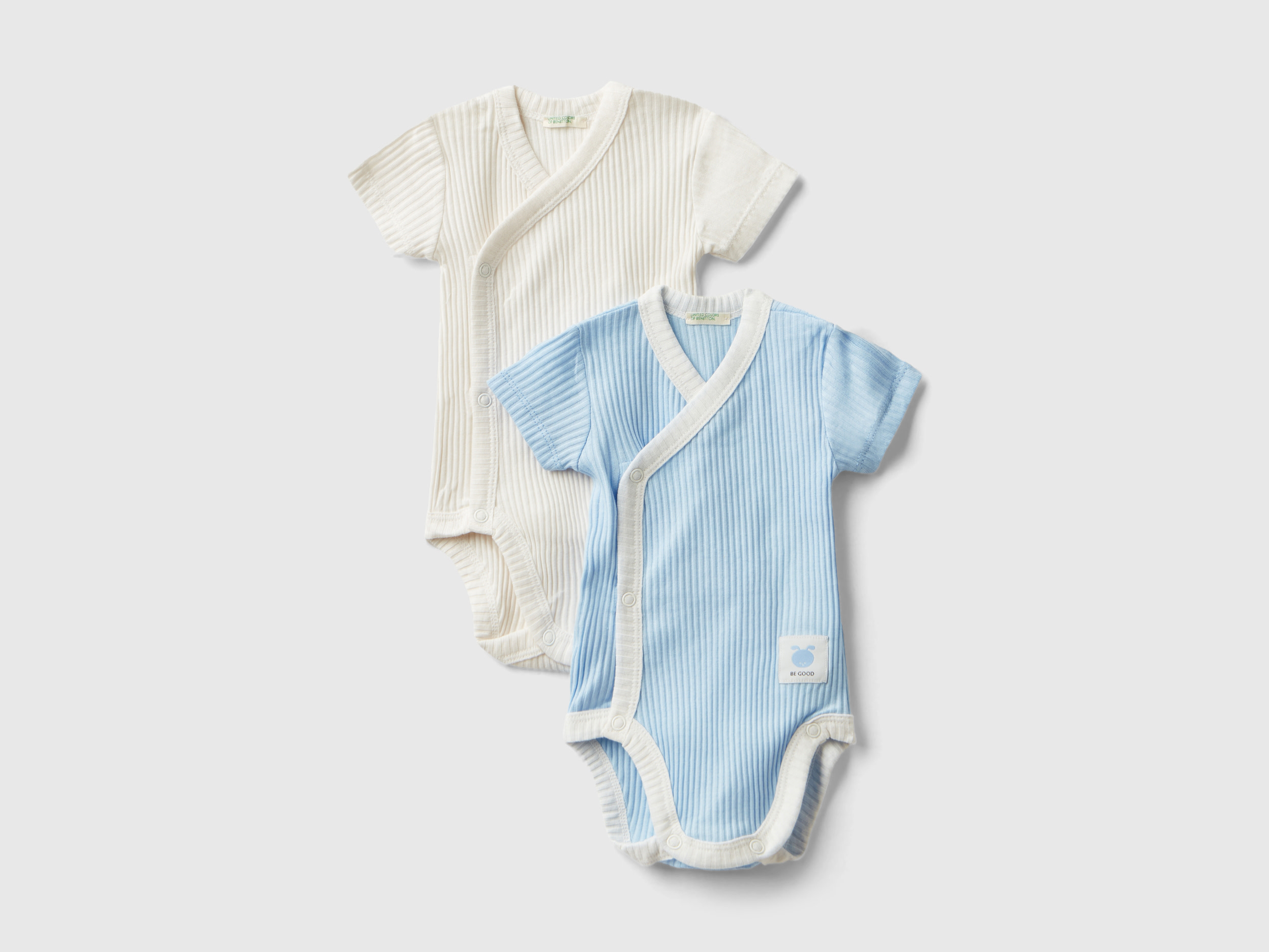 Image of Benetton, Two Short Sleeve Ribbed Knit Bodysuits, size 68, Light Blue, Kids