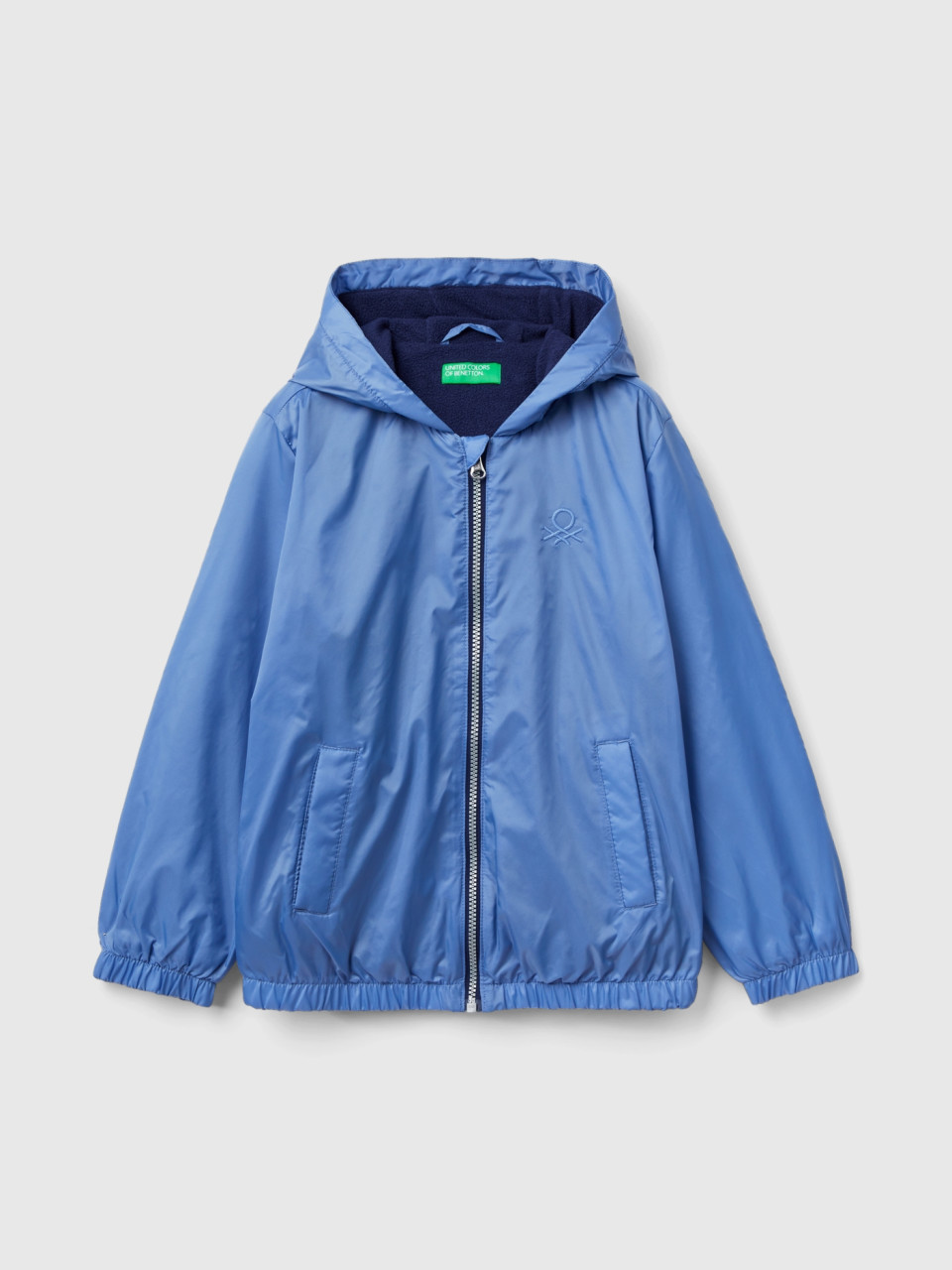 Benetton, Nylon Jacket With Zip And Hood, Light Blue, Kids