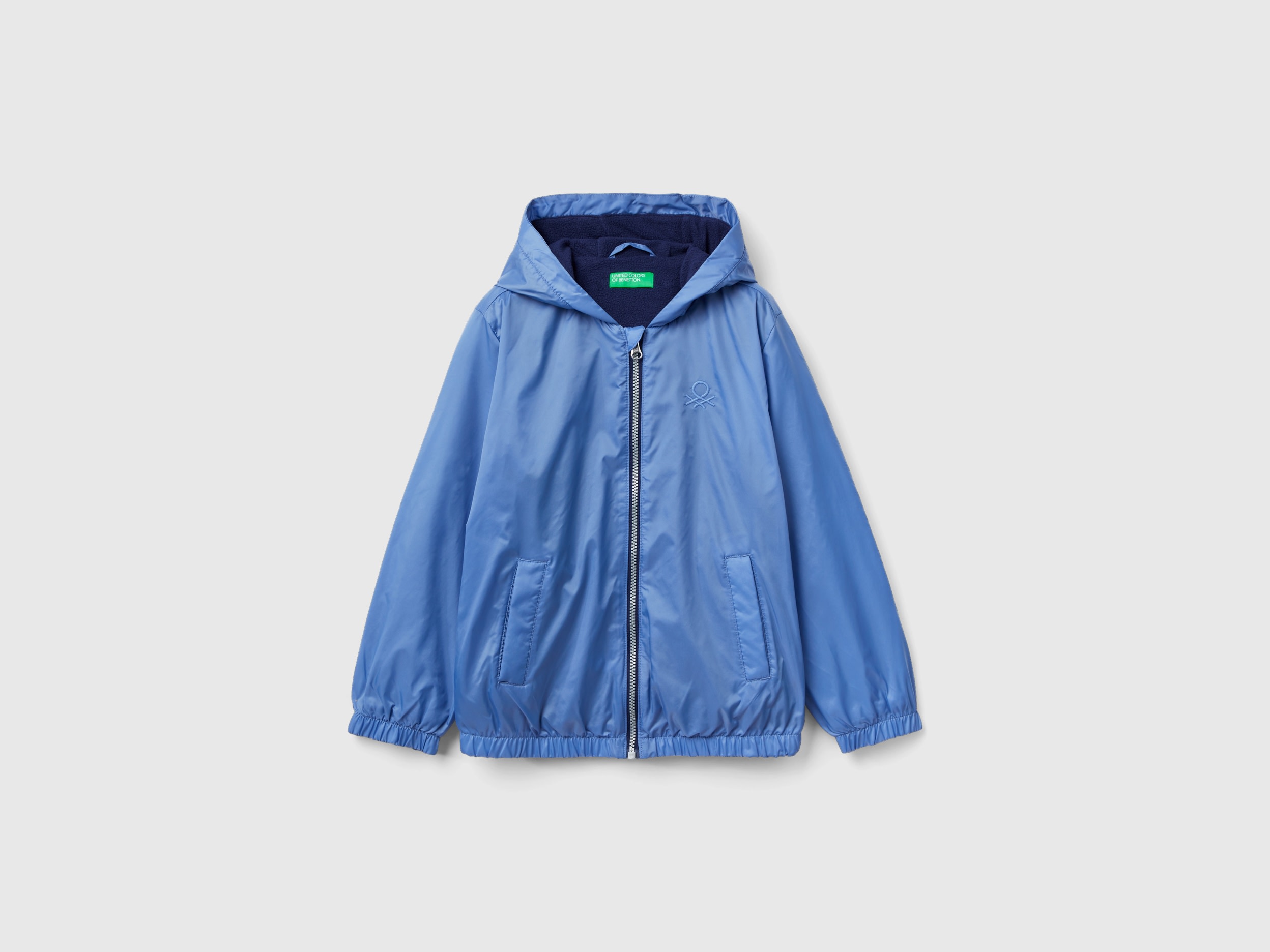 Benetton, Nylon Jacket With Zip And Hood, size 2XL, Light Blue, Kids