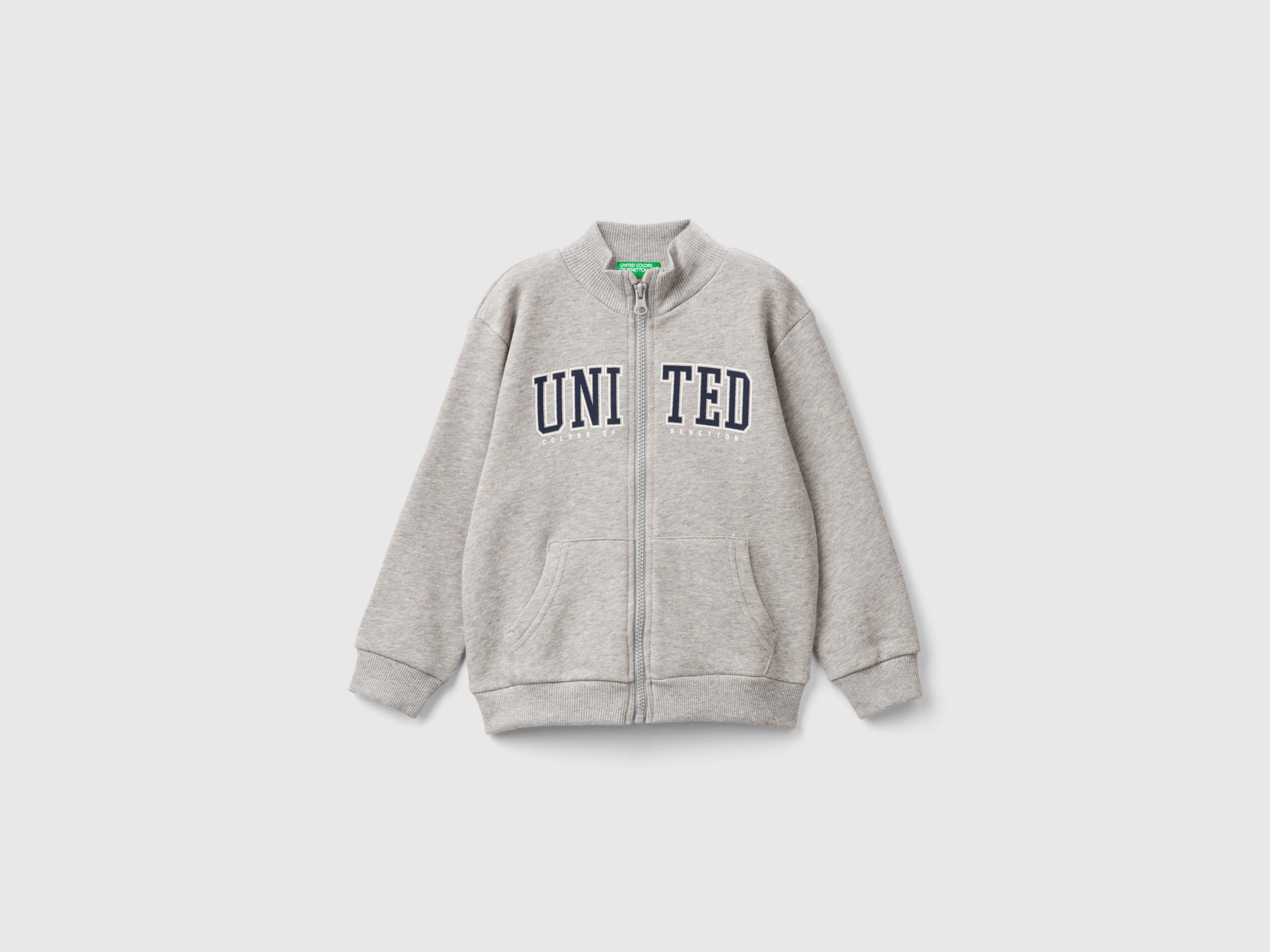 Benetton, Felpa In Cotone Bio Con Zip, Grigio Chiaro, Bambini