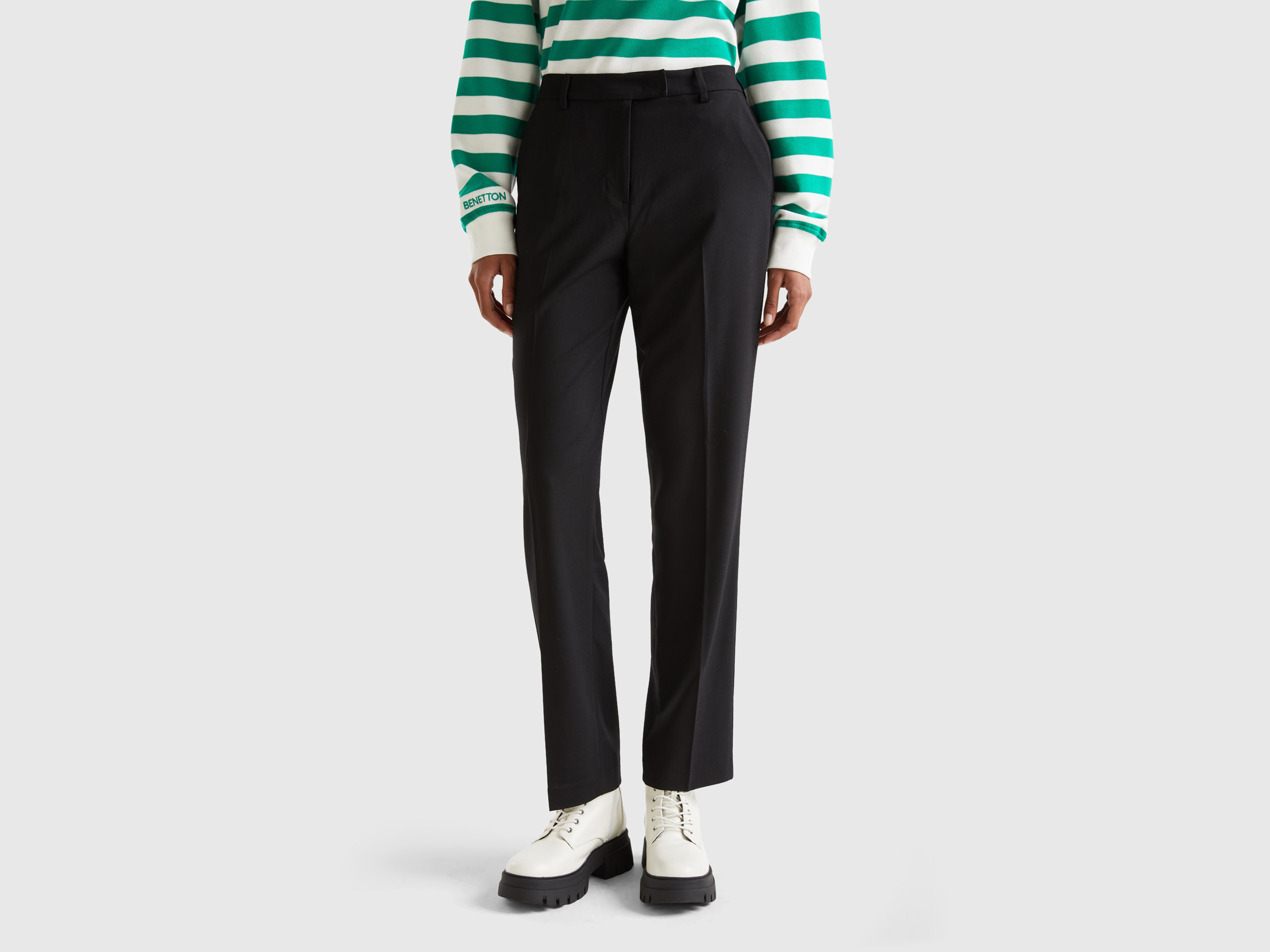 Benetton, Regular Fit Flowy Trousers, size 12, Black, Women