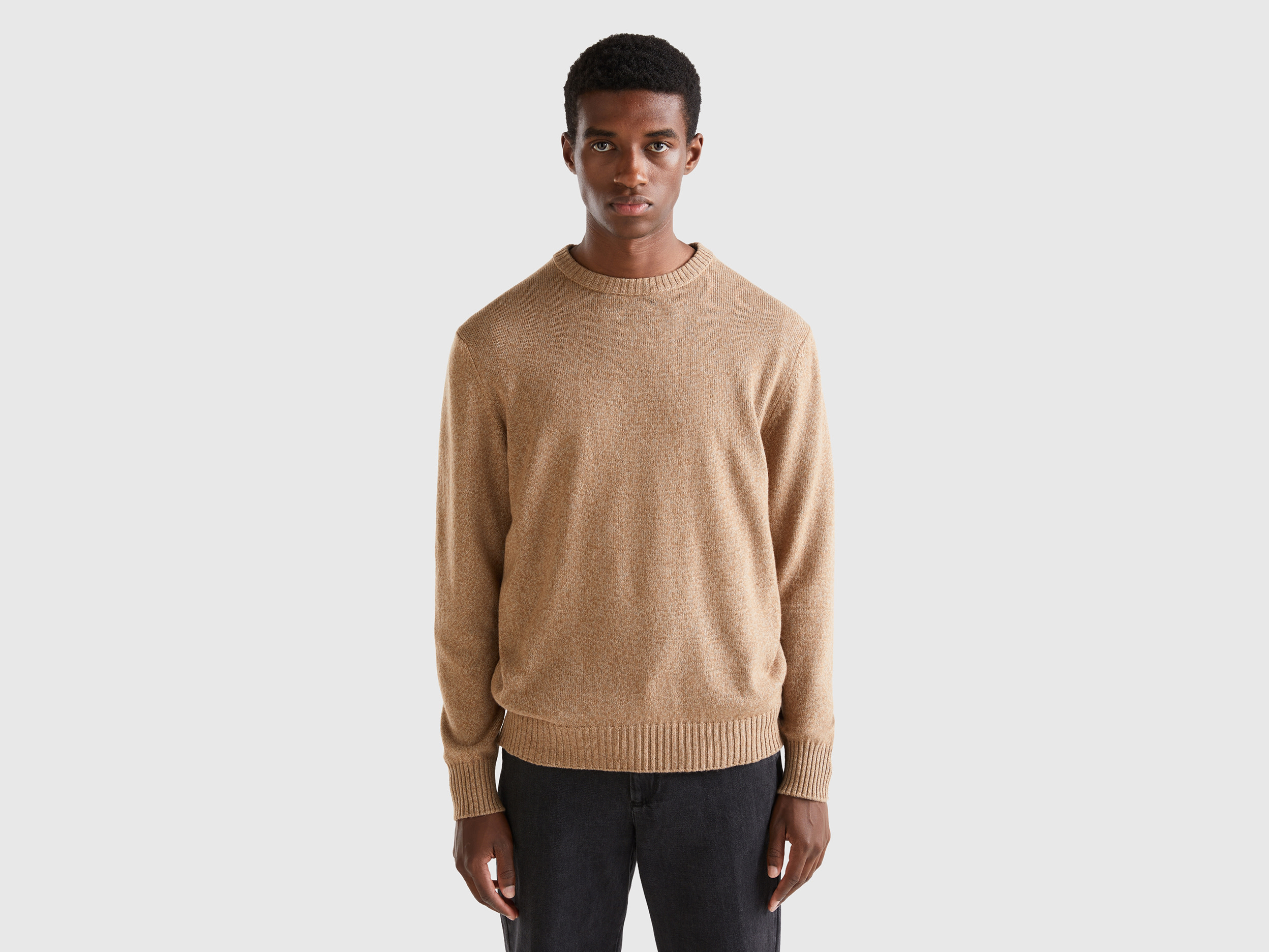 Benetton, Maglia Girocollo In Misto Lana E Cashmere, Beige, Uomo