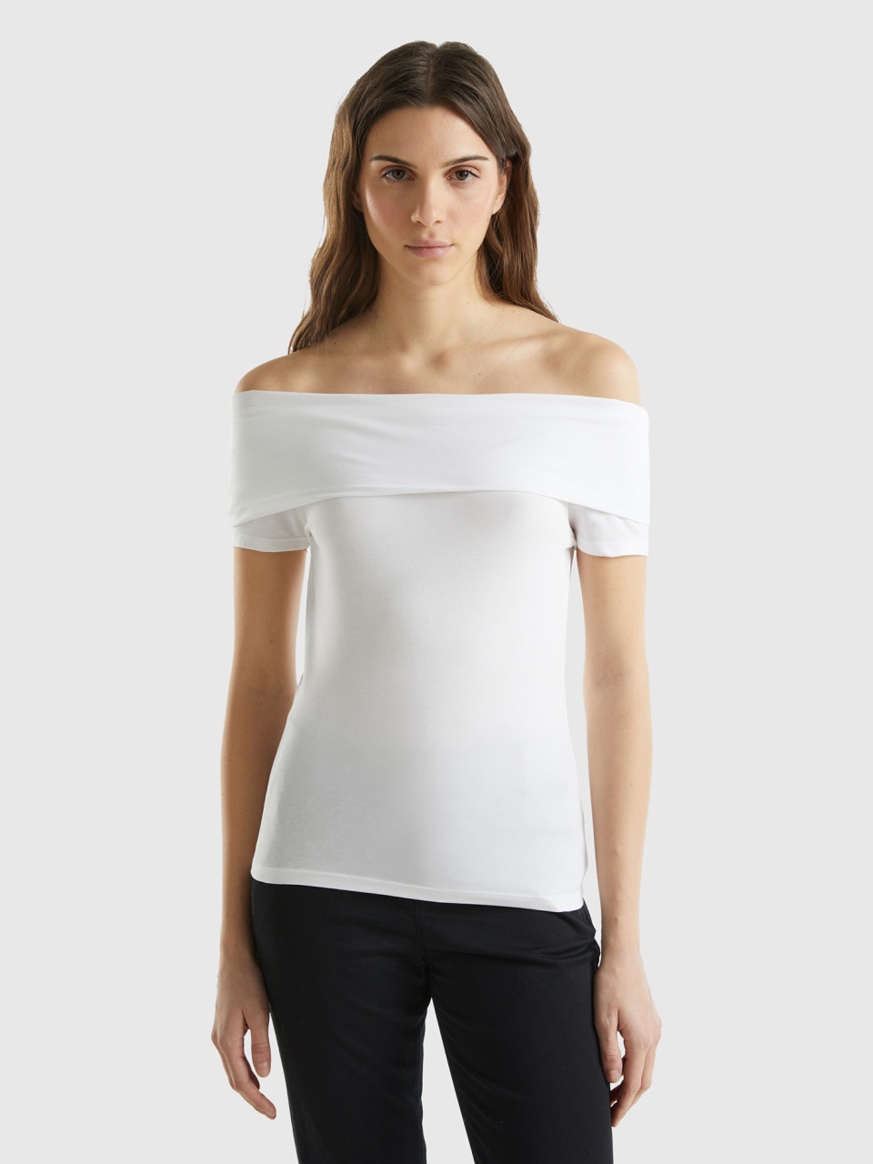 Benetton, Slim-fit T-shirt With Bare Shoulders, White, Women