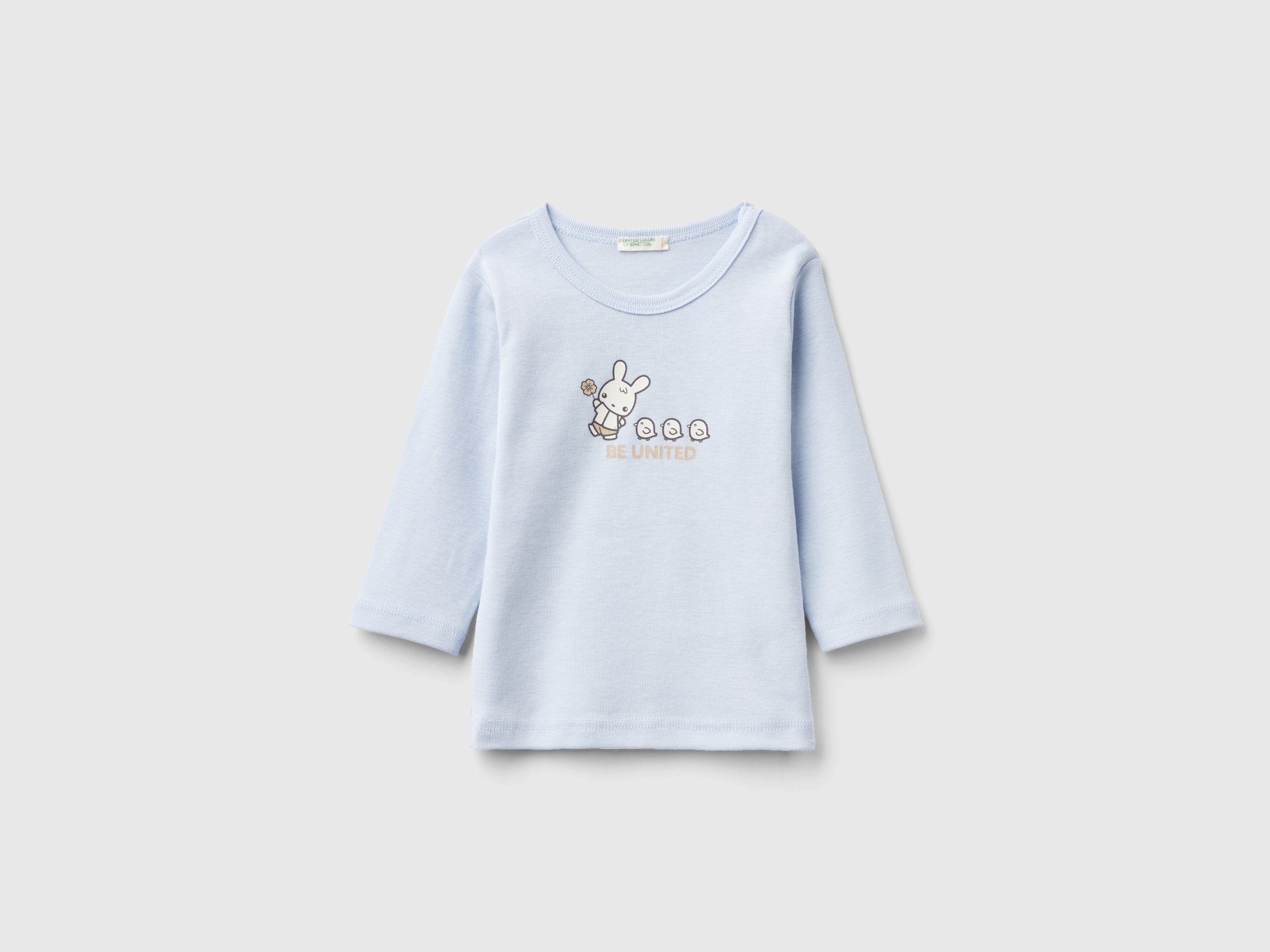 Image of Benetton, Long Sleeve 100% Organic Cotton T-shirt, size 74, Sky Blue, Kids
