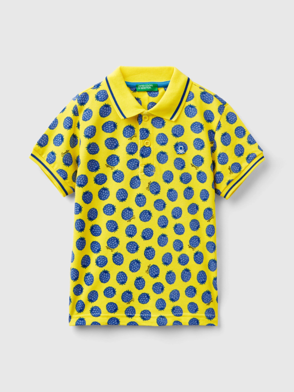 Benetton, Yellow Polo Shirt With Blackberry Pattern, Yellow, Kids