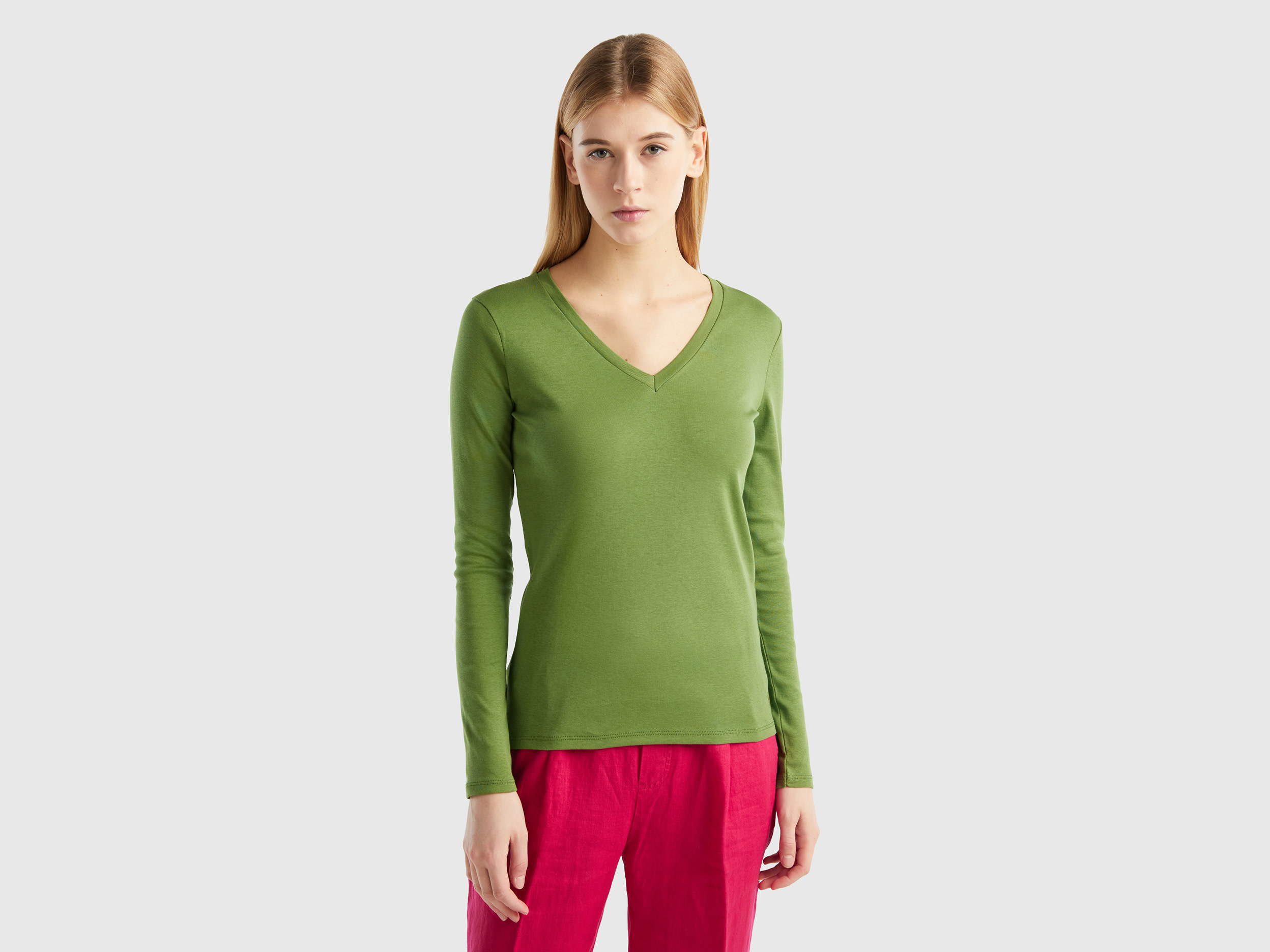 Benetton, Long Sleeve T-shirt With V-neck, size S, Military Green, Women