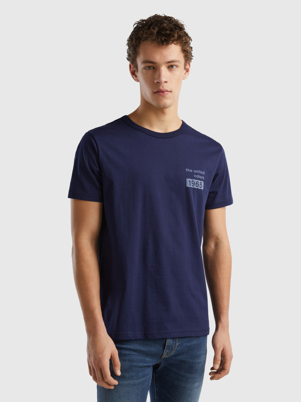 Benetton, Dark Blue T-shirt In Organic Cotton With Logo Print, Dark Blue, Men