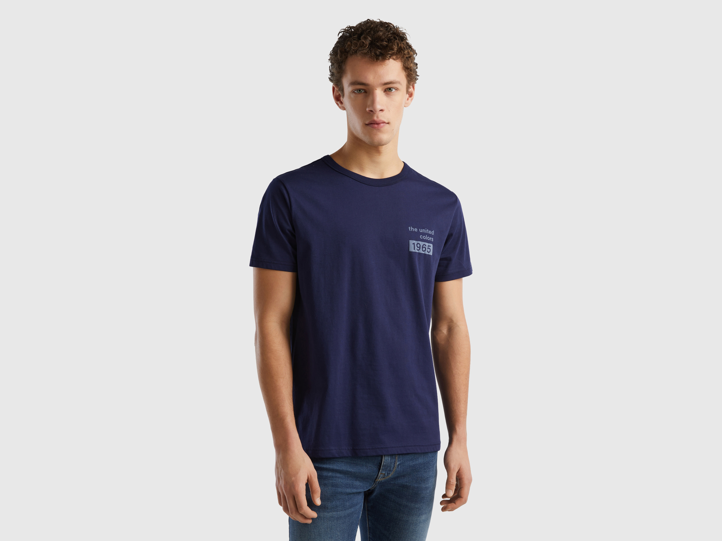 Image of Benetton, Dark Blue T-shirt In Organic Cotton With Logo Print, size XXXL, Dark Blue, Men