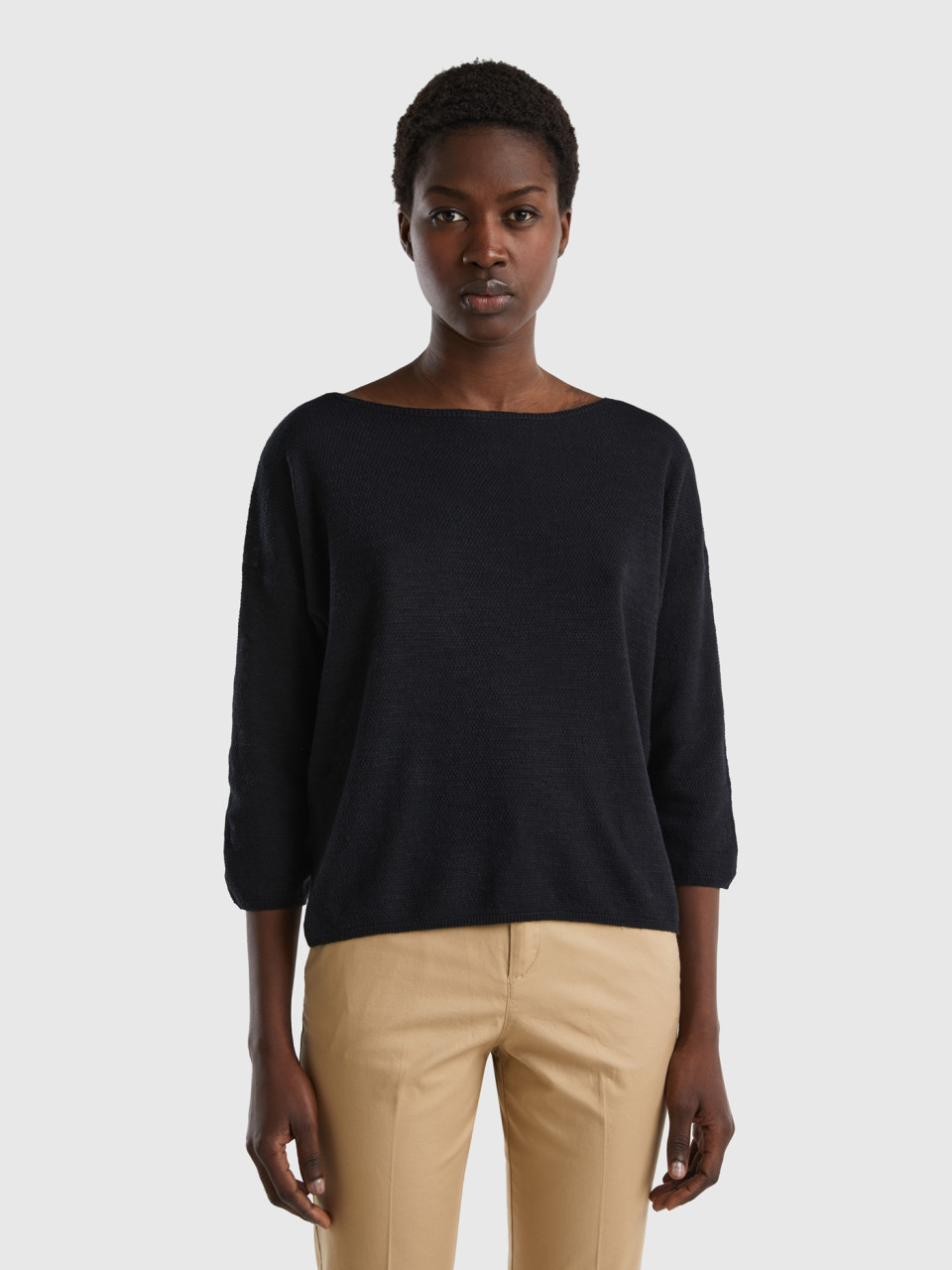 Benetton, Sweater In Linen Blend With 3/4 Sleeves, Black, Women