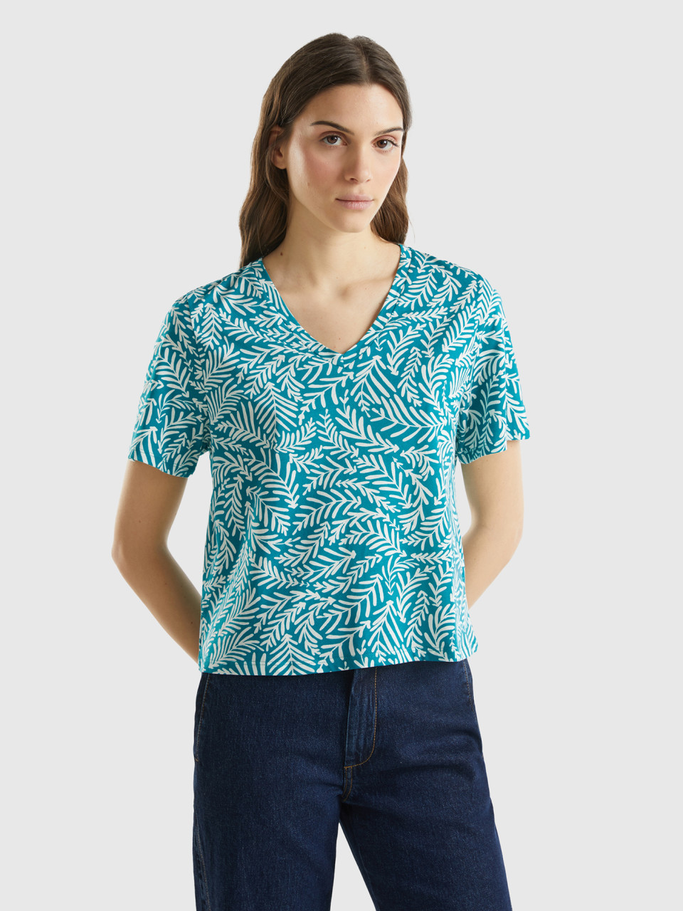 Benetton, Long Fiber Cotton Patterned T-shirt, Teal, Women