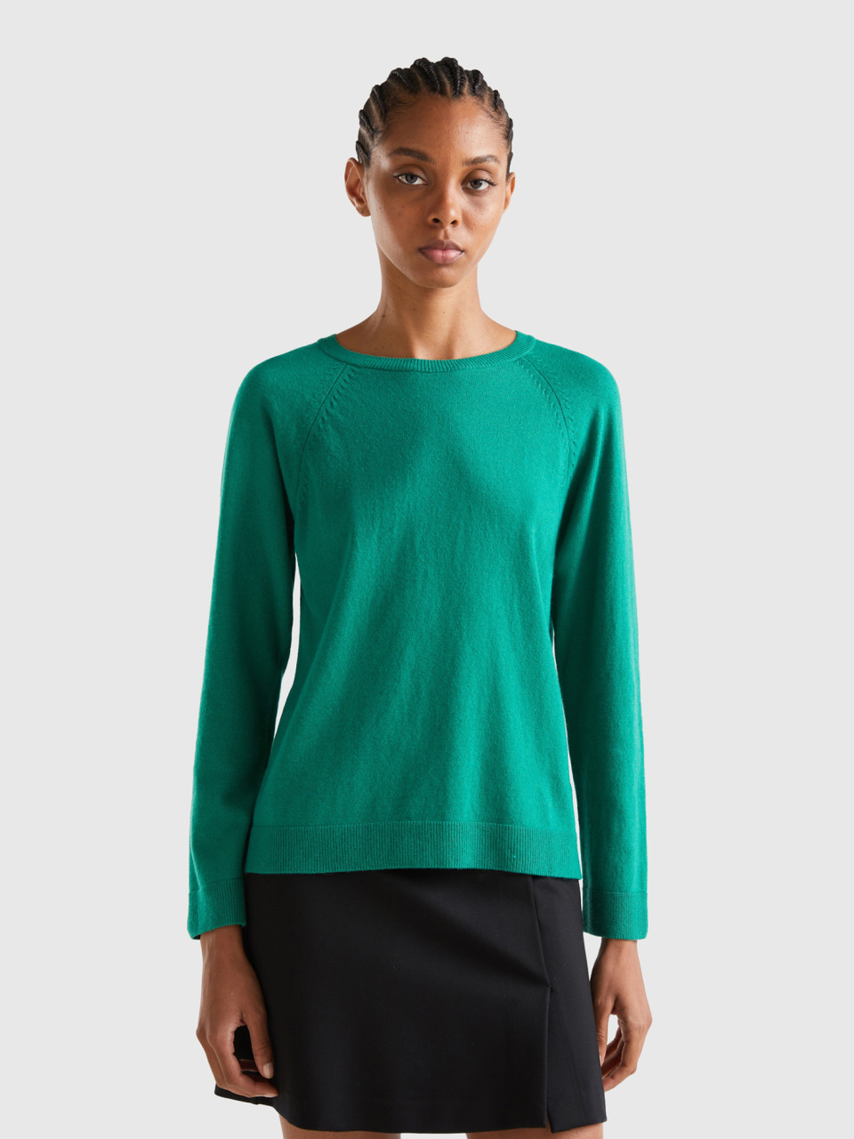 Benetton, Forest Green Crew Neck Sweater In Cashmere And Wool Blend, Green, Women