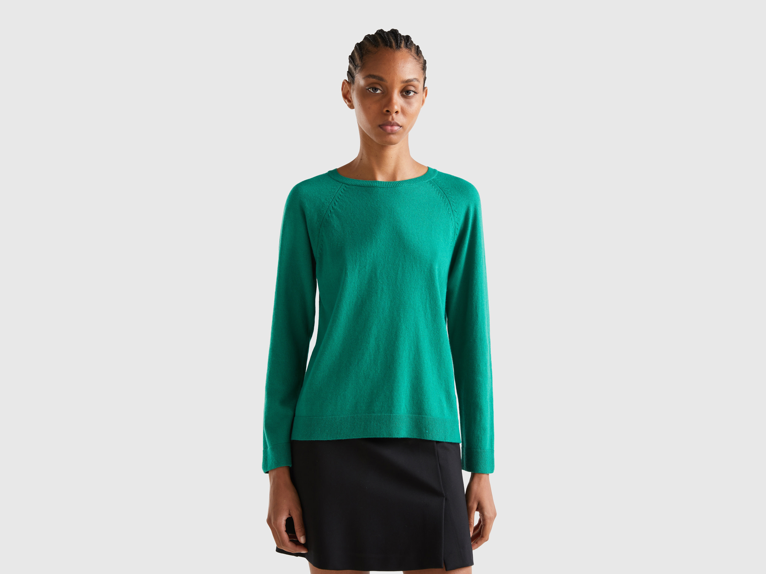 Benetton, Forest Green Crew Neck Sweater In Cashmere And Wool Blend, size S, Green, Women