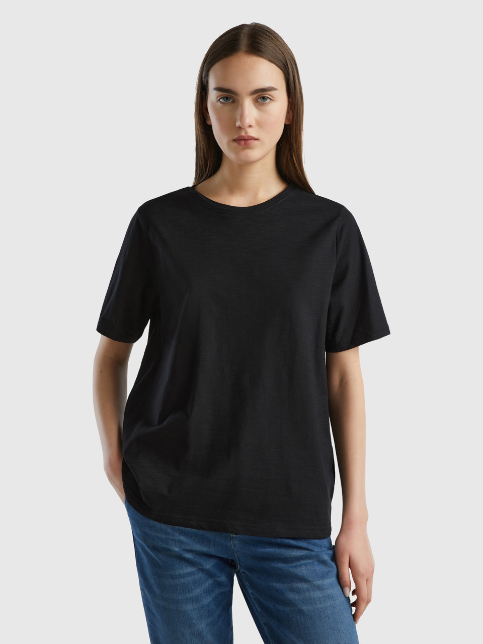Benetton, Crew Neck T-shirt In Slub Cotton, Black, Women