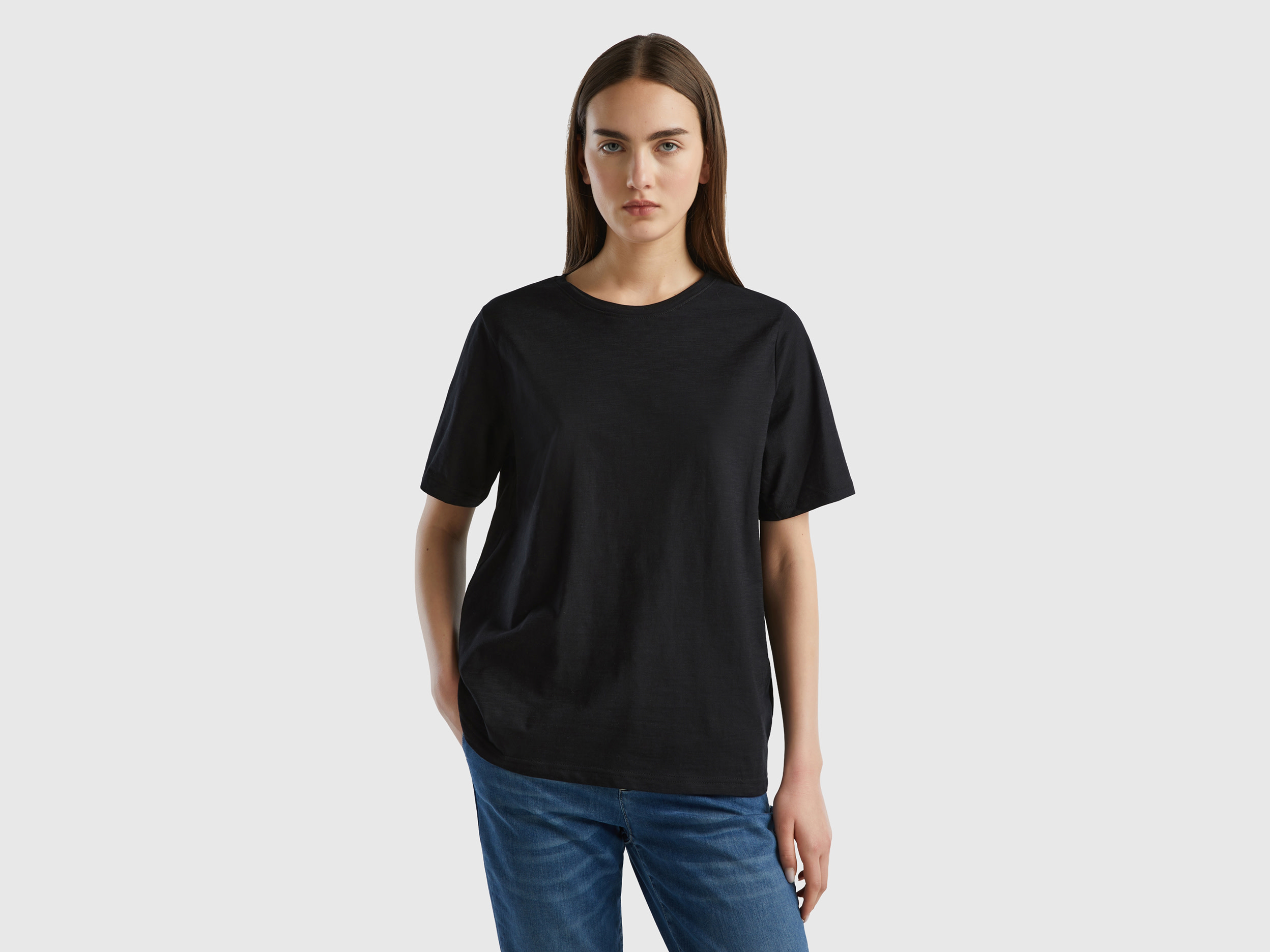 Benetton, Crew Neck T-shirt In Slub Cotton, size L, Black, Women