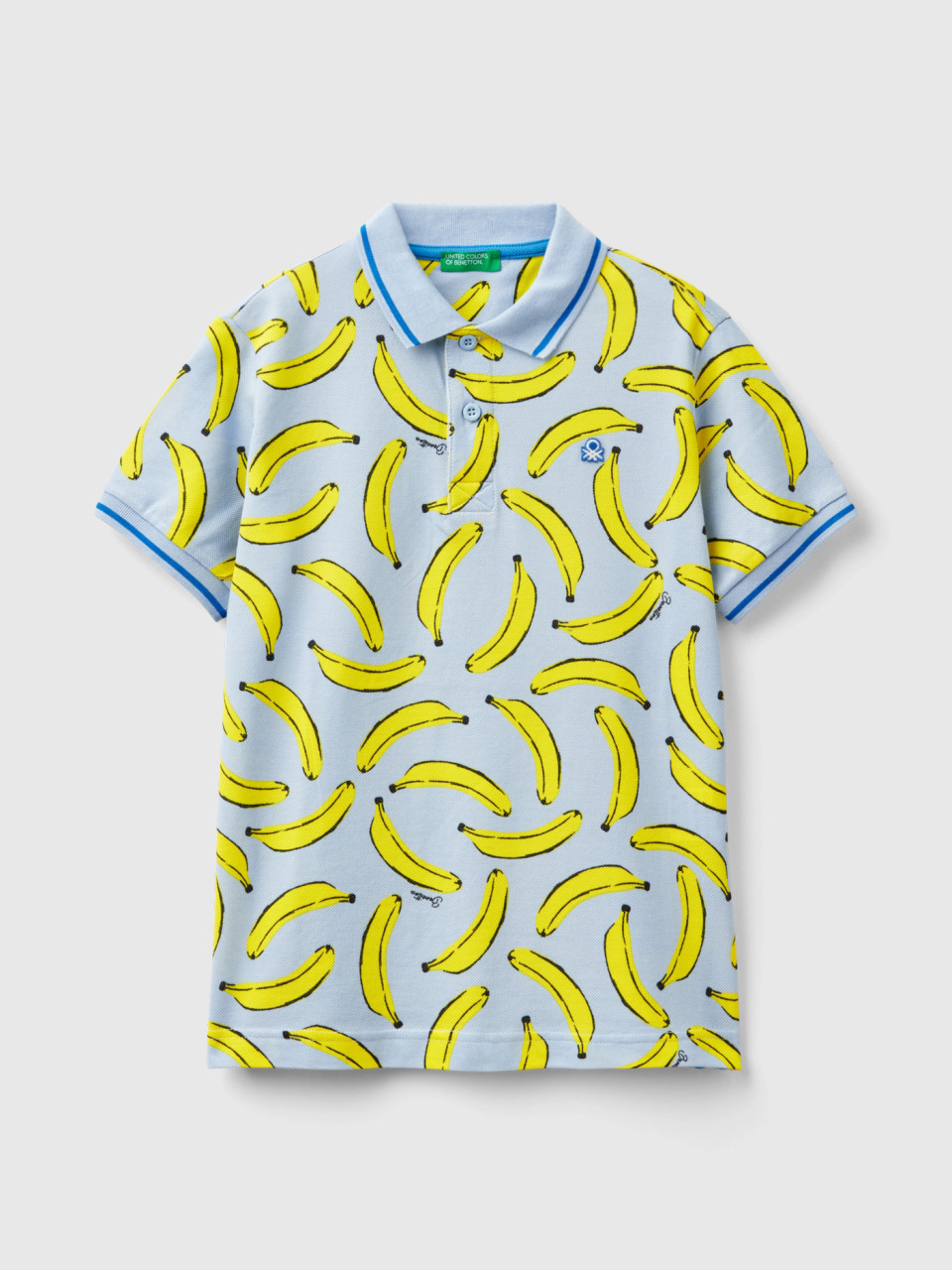 Benetton, Himmelblaues Poloshirt Mit Bananen-pattern, Blassblau, male
