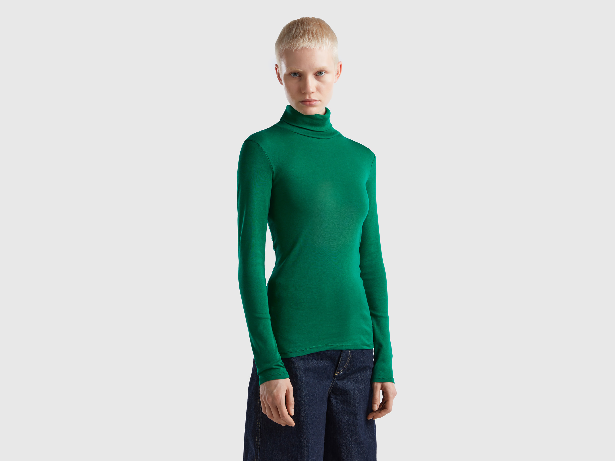 Benetton, Long Sleeve T-shirt With High Neck, size L, Green, Women