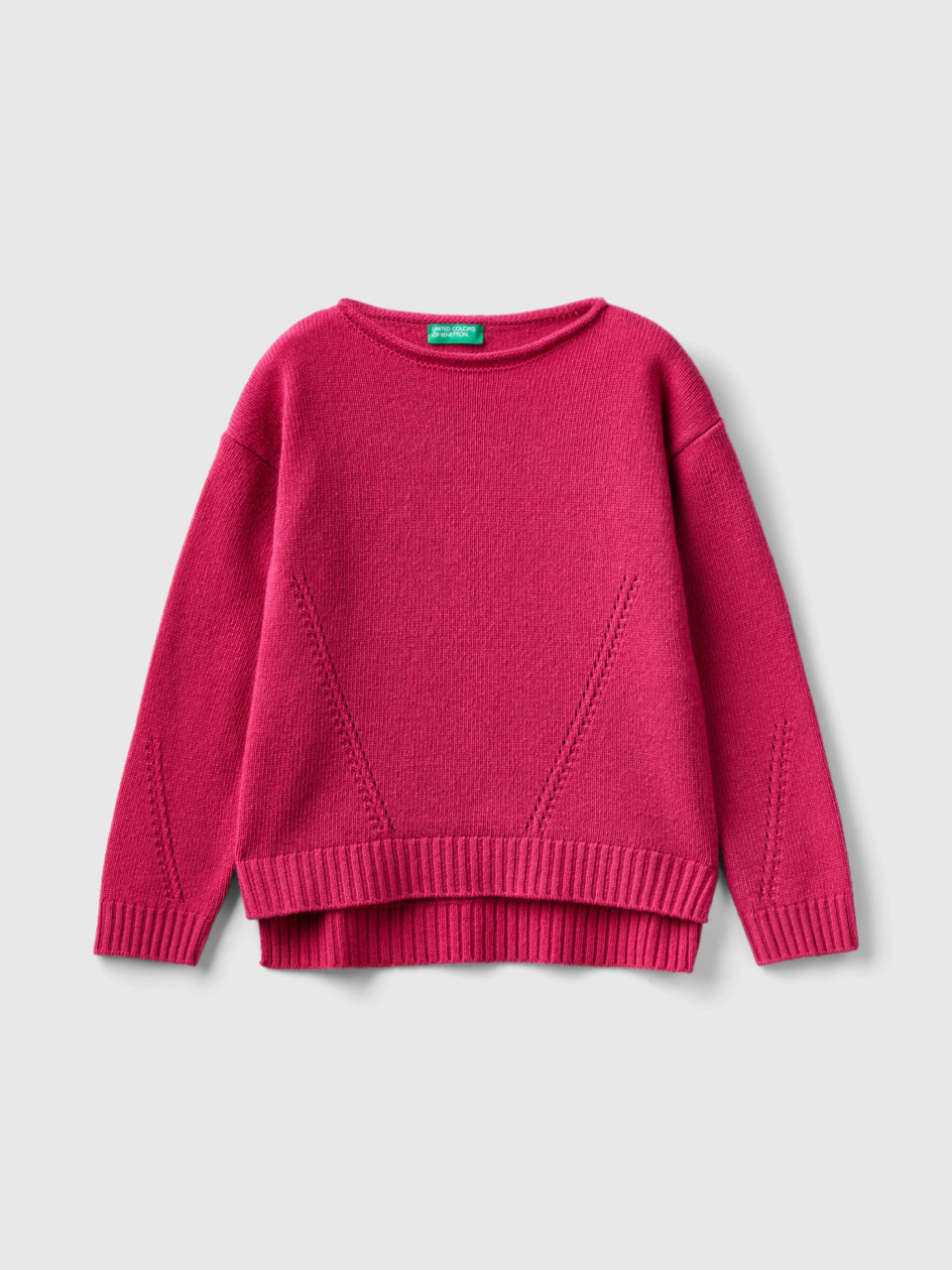 Benetton, Knit Sweater With Playful Stitching, Cyclamen, Kids
