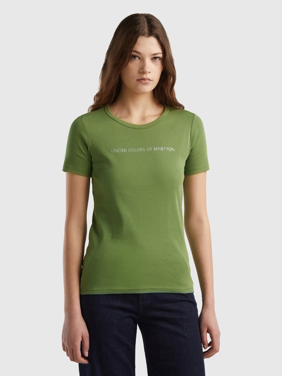 Benetton, T-shirt 100% Cotone Con Stampa Logo Glitter, Verde Militare, Donna