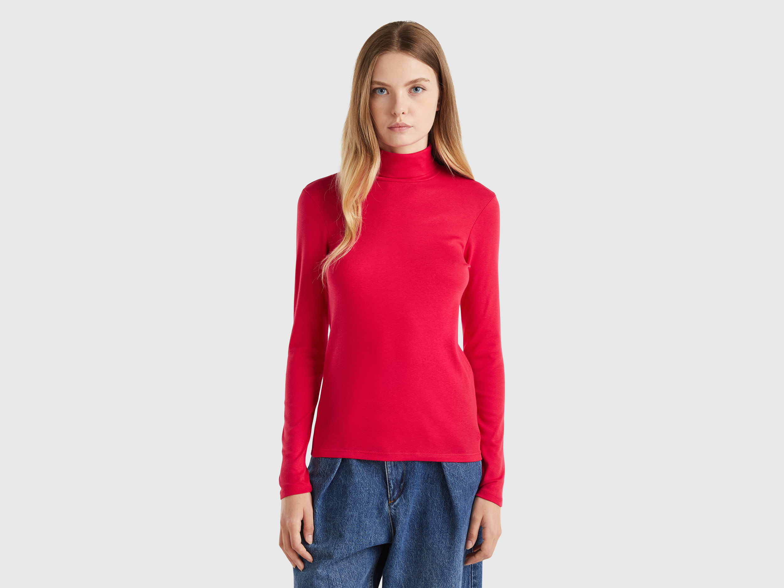 Benetton, T-shirt A Manica Lunga Con Collo Alto, Prugna, Donna