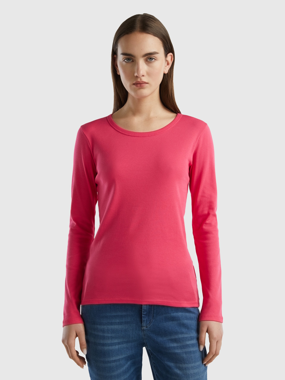 Benetton, Long Sleeve Pure Cotton T-shirt, Fuchsia, Women