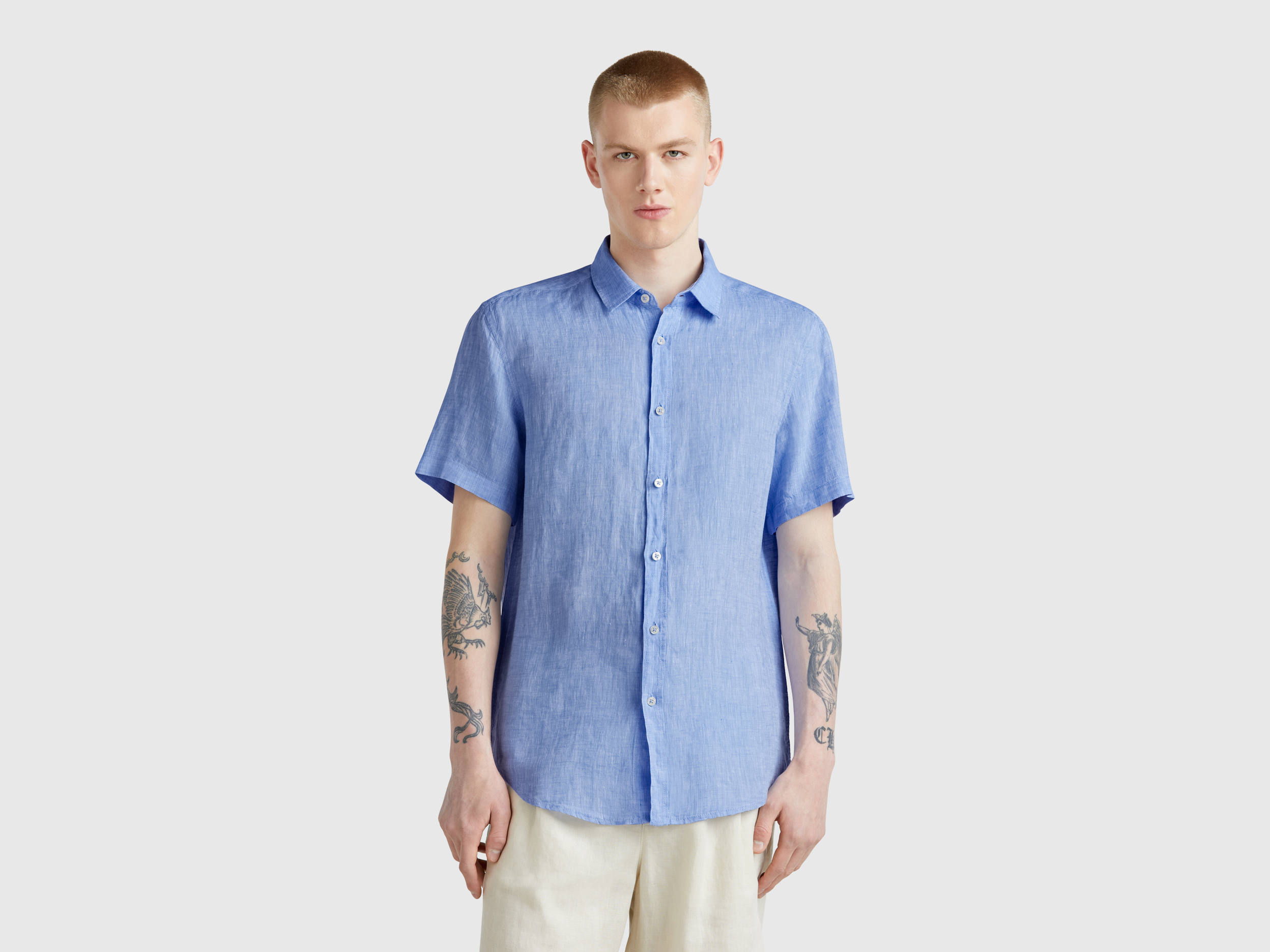 Benetton, Short Sleeve Shirt In Pure Linen, size XXL, Light Blue, Men