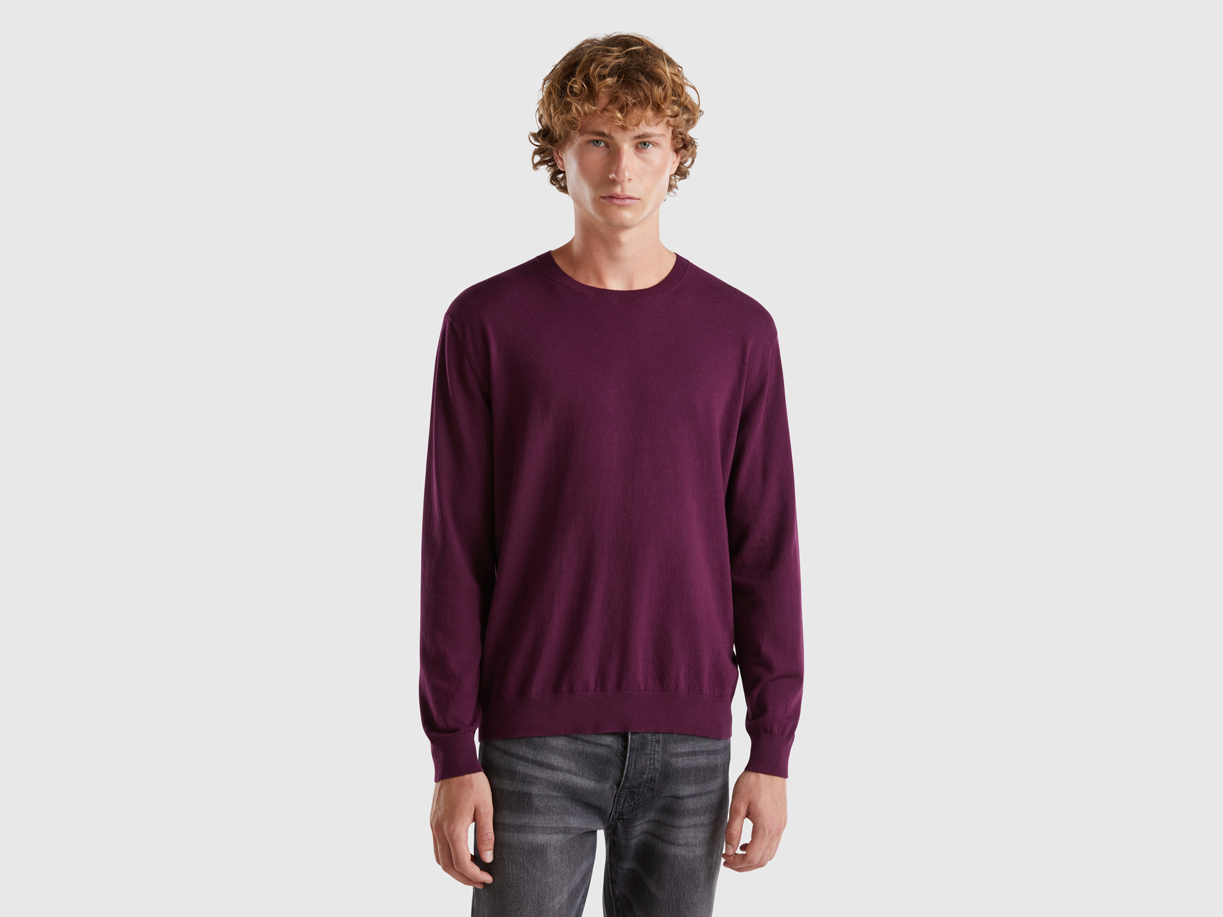 Benetton, Maglia Girocollo In Misto Cotone Leggero, Prugna, Uomo