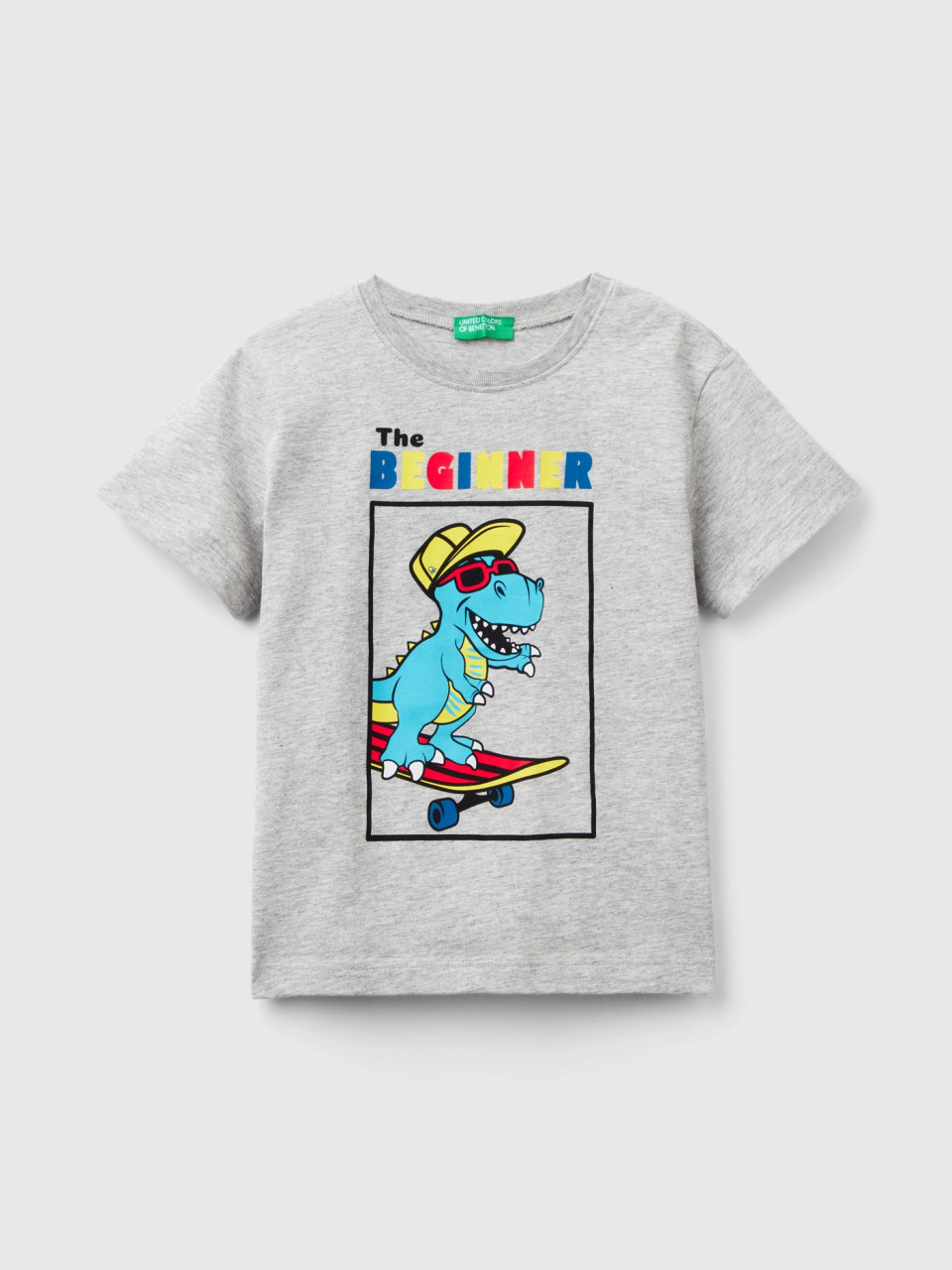 Benetton, T-shirt With Neon Details, Light Gray, Kids