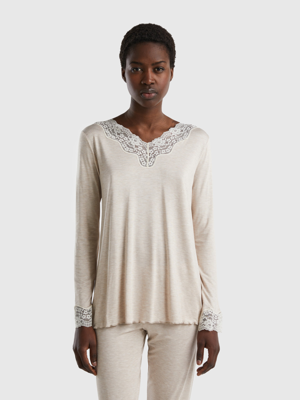 Benetton, Top With Lace Detail, Beige, Women