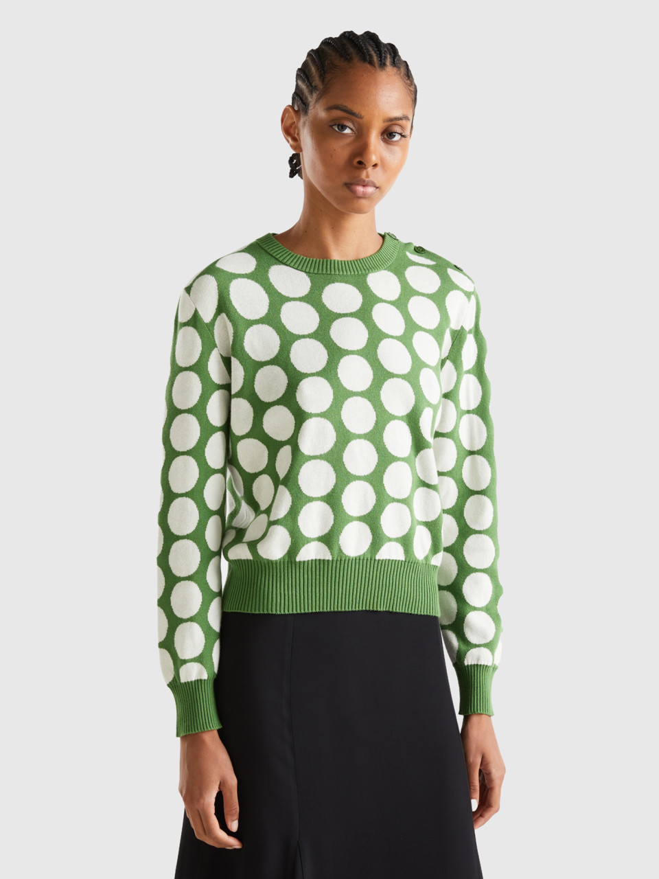 Benetton, Polka Dot Sweater In Tricot Cotton, Green, Women