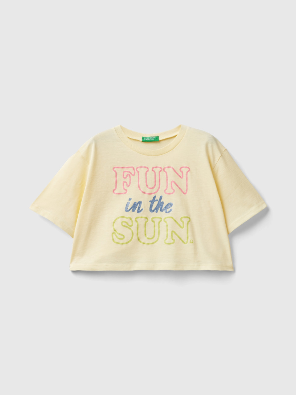 Benetton, T-shirt With Glittery Print, Vanilla, Kids