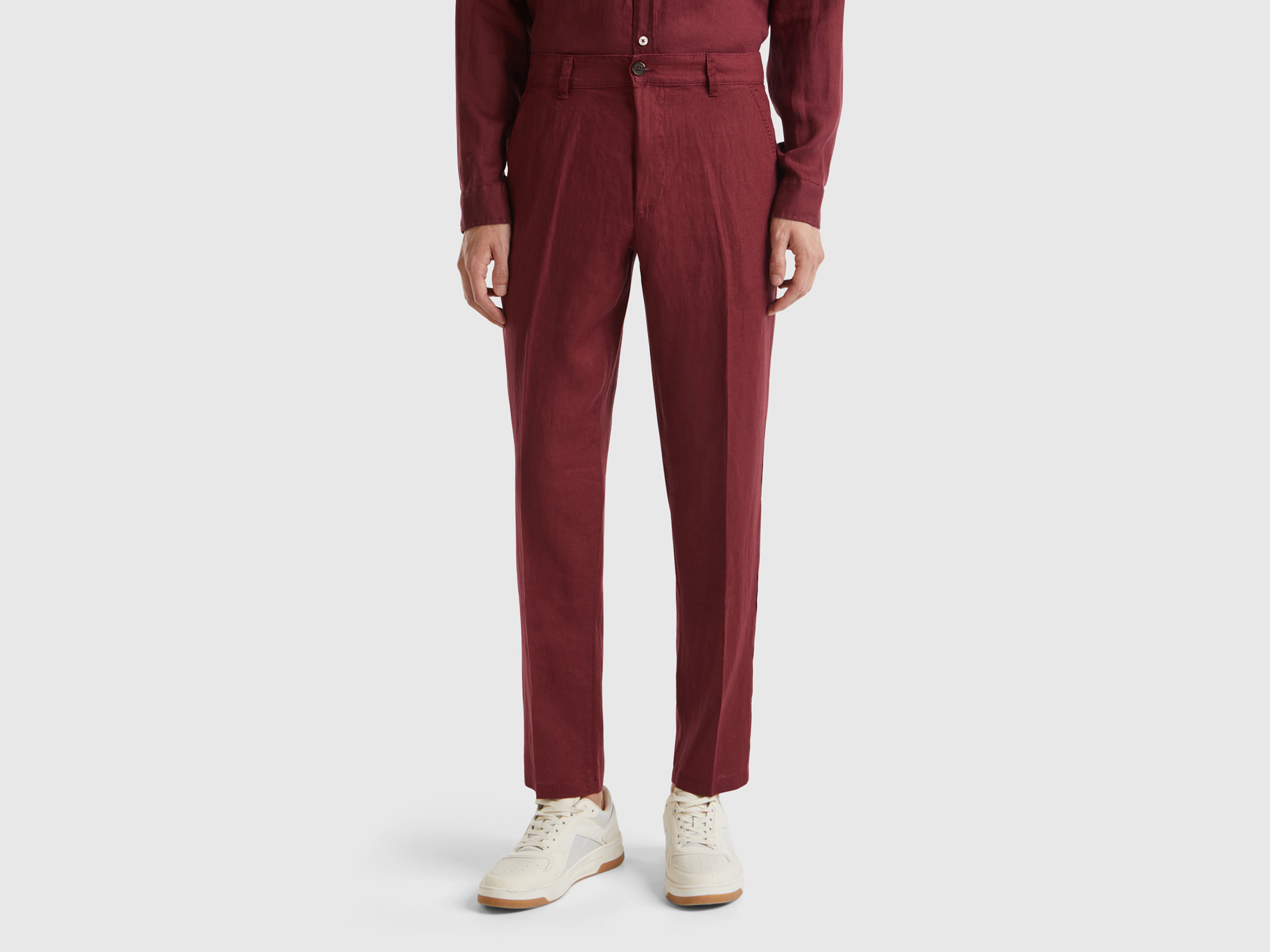 Benetton, Chino In Puro Lino, Bordeaux, Uomo