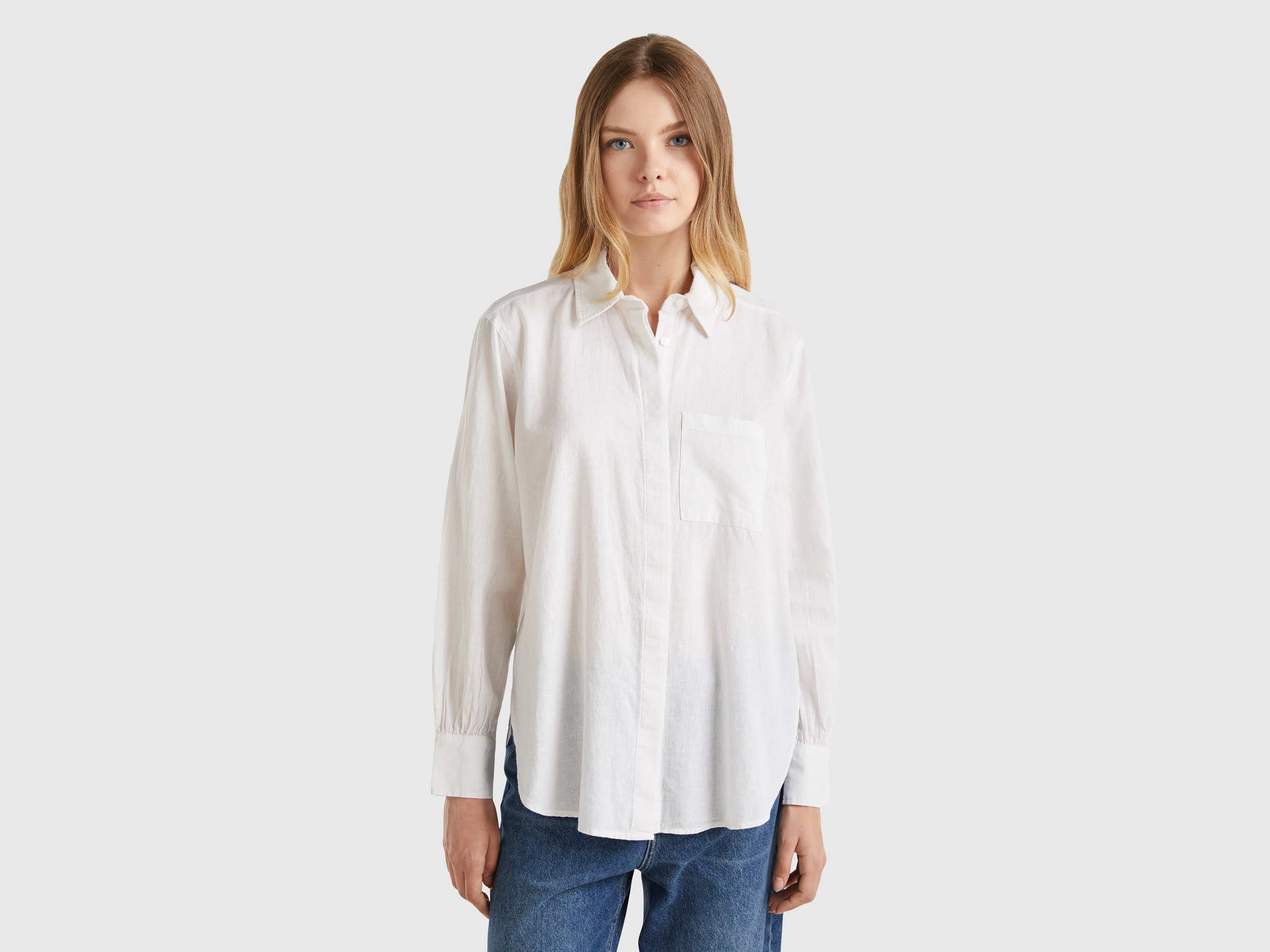 Benetton, Camicia A Righe In Misto Lino, Bianco Panna, Donna