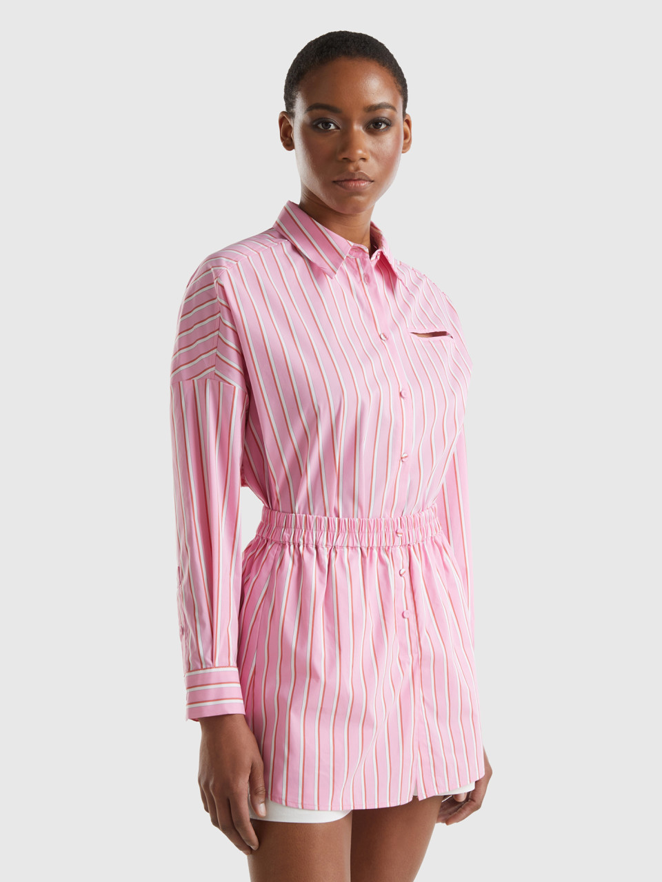 Benetton, Wide Striped Shirt, Pink, Women