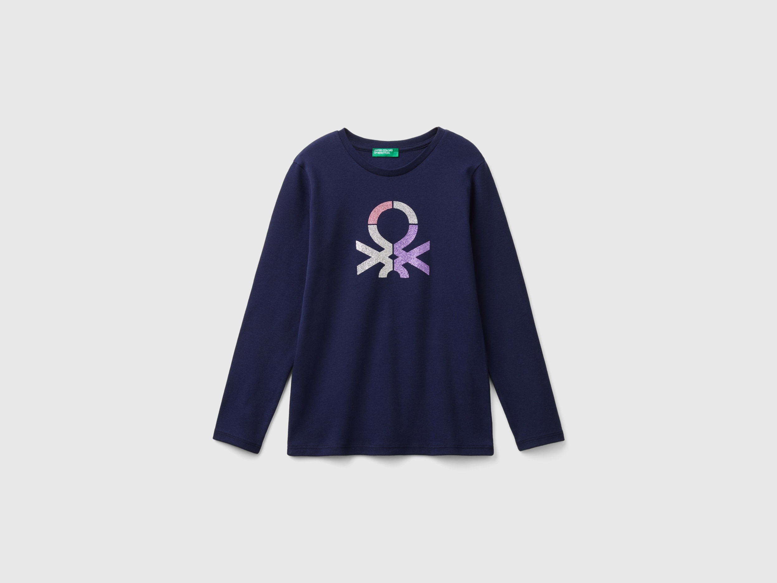 Benetton, T-shirt Manica Lunga Con Stampa Glitter, Blu Scuro, Bambini