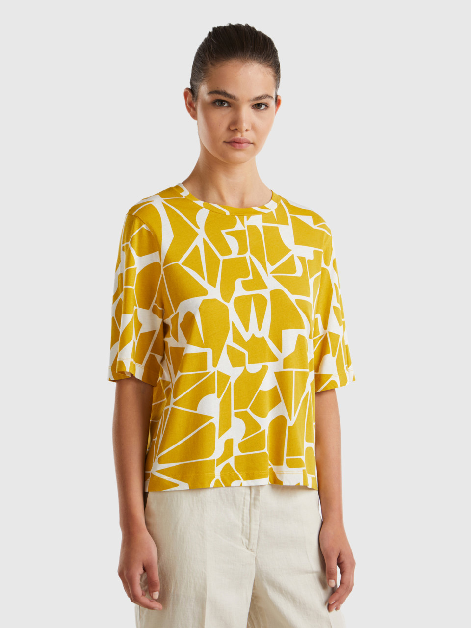 Benetton, T-shirt With Geometric Pattern, Mustard, Women