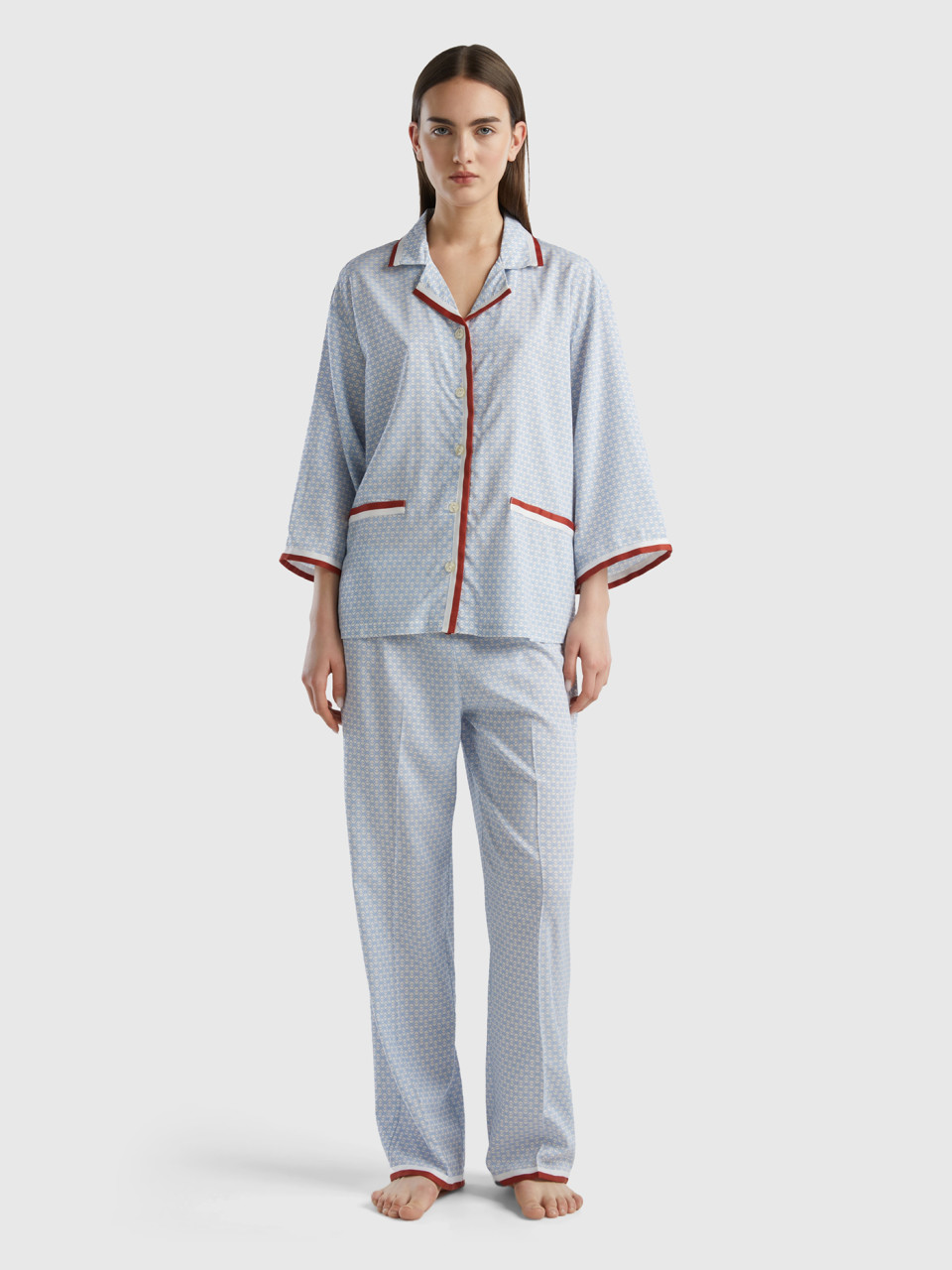 Benetton, Monogram Pyjamas In Sustainable Viscose, Sky Blue, Women