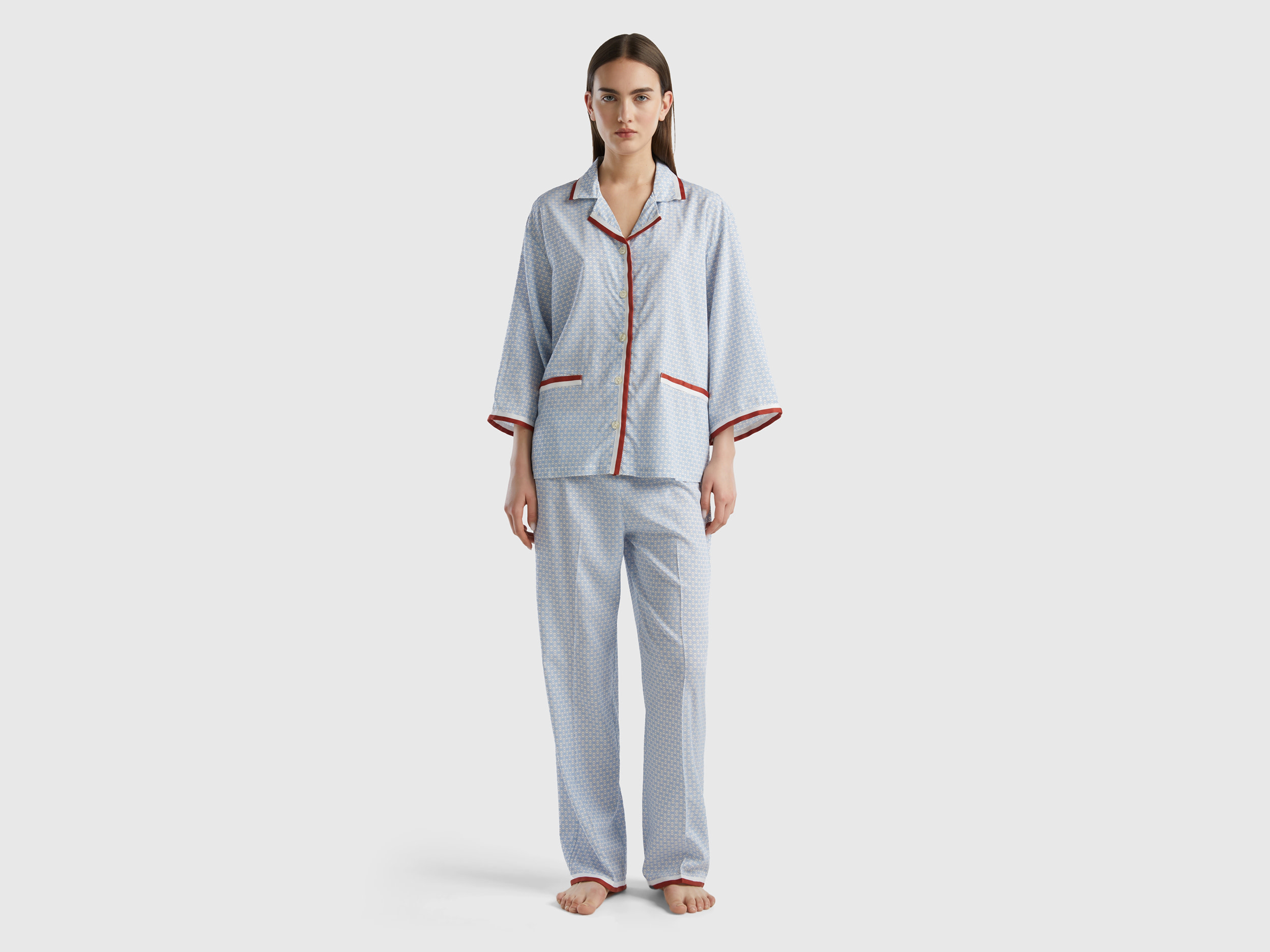 Benetton, Monogram Pyjamas In Sustainable Viscose, size M, Sky Blue, Women