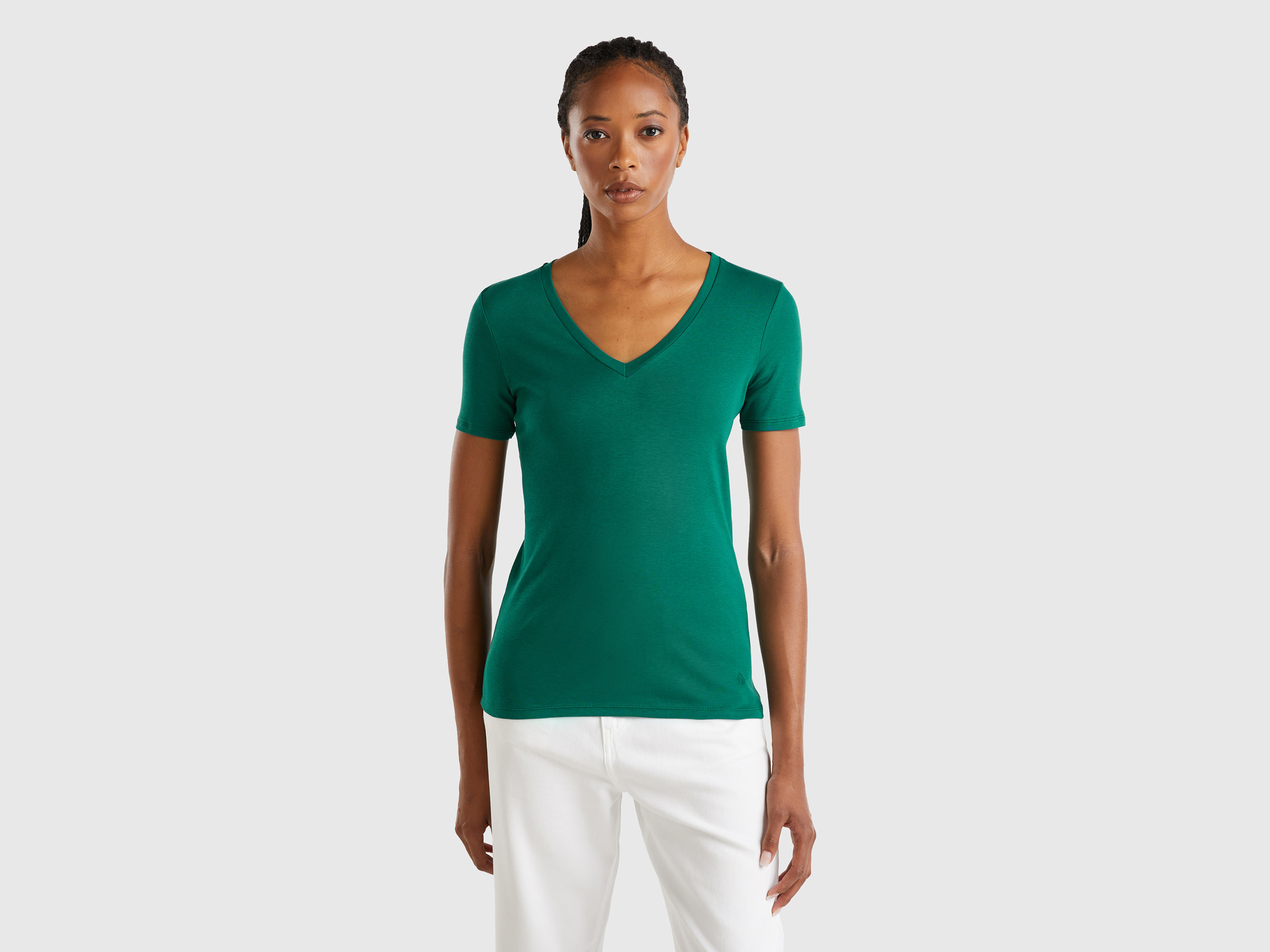 Benetton, T-shirt In Puro Cotone Con Scollo A V, Verde Scuro, Donna