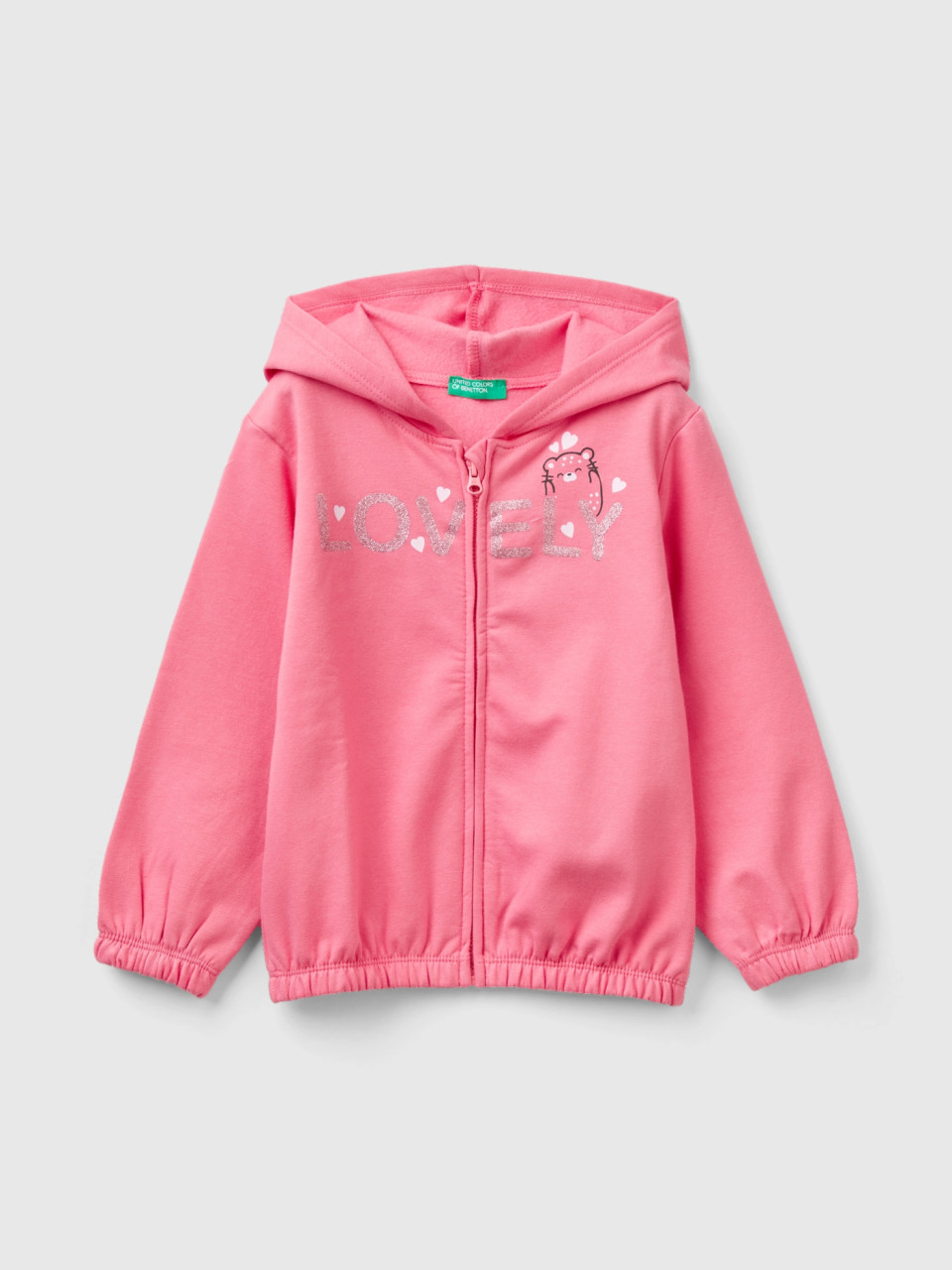 Benetton, Warm Sweatshirt With Zip And Glitter, Pink, Kids