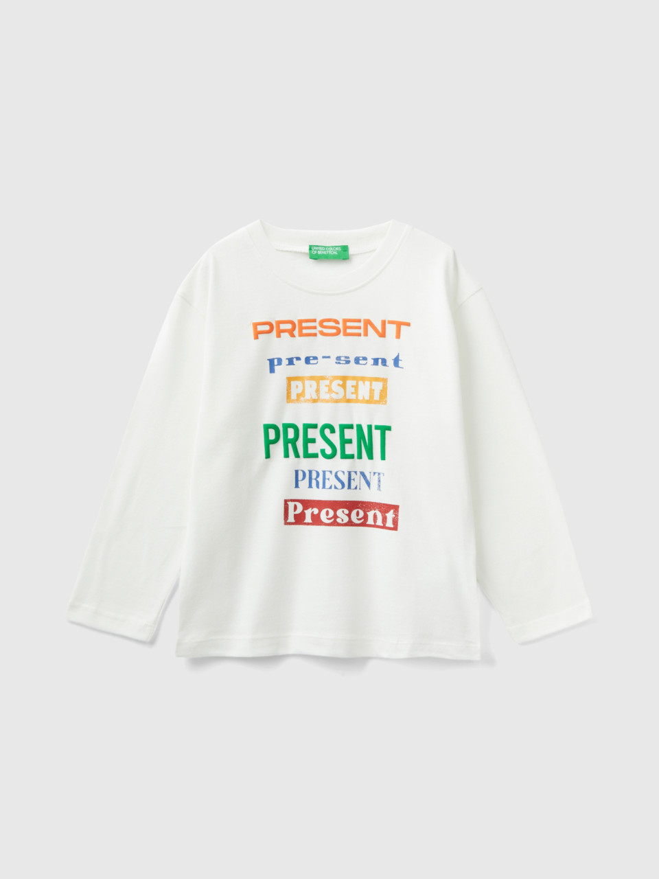 Benetton, T-shirt En Chaud Coton Avec Imprimé, Crème, Enfants